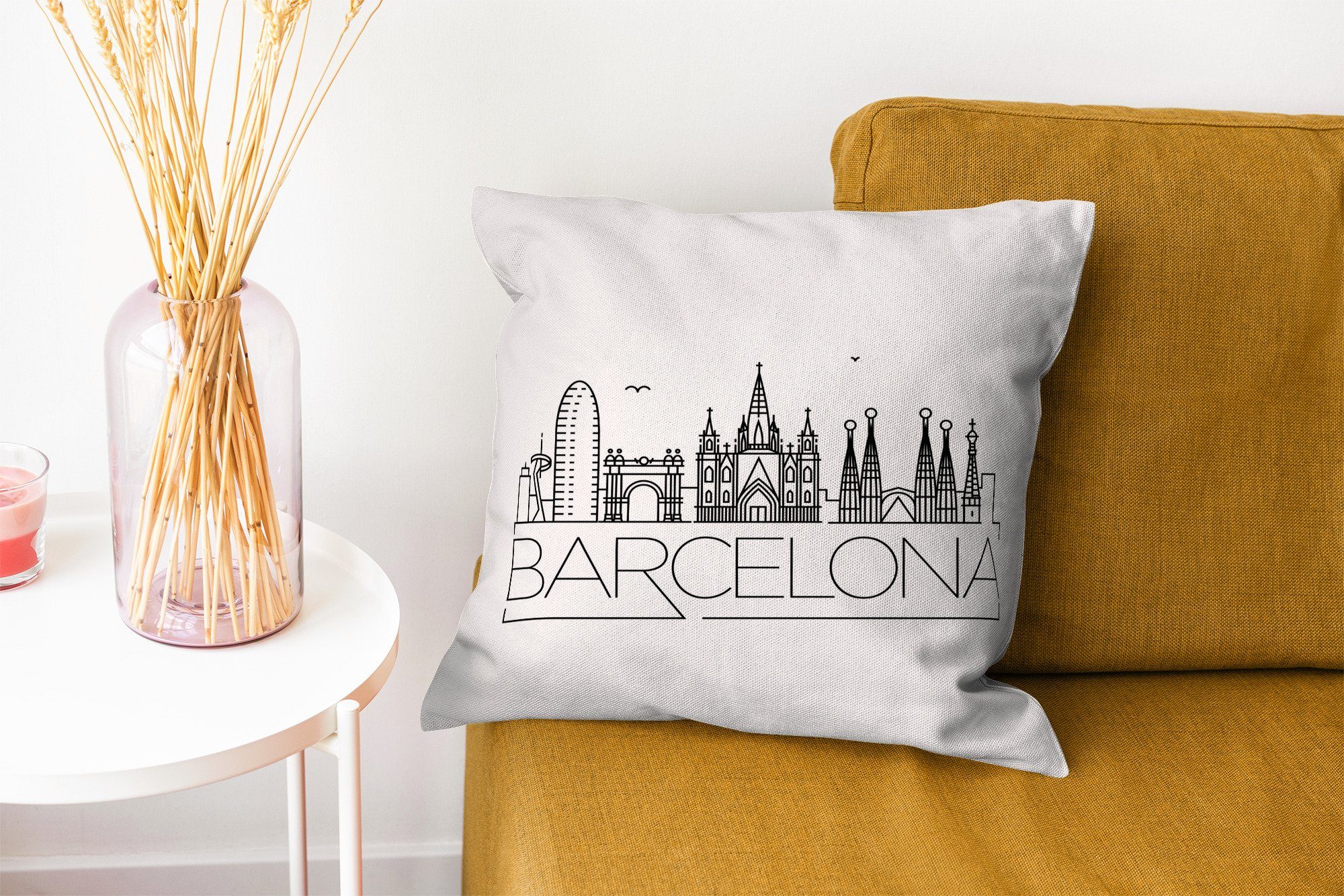 Sofakissen "Barcelona" Deko, für weiß, MuchoWow Schlafzimmer, Füllung Wohzimmer, mit Dekokissen Zierkissen Skyline