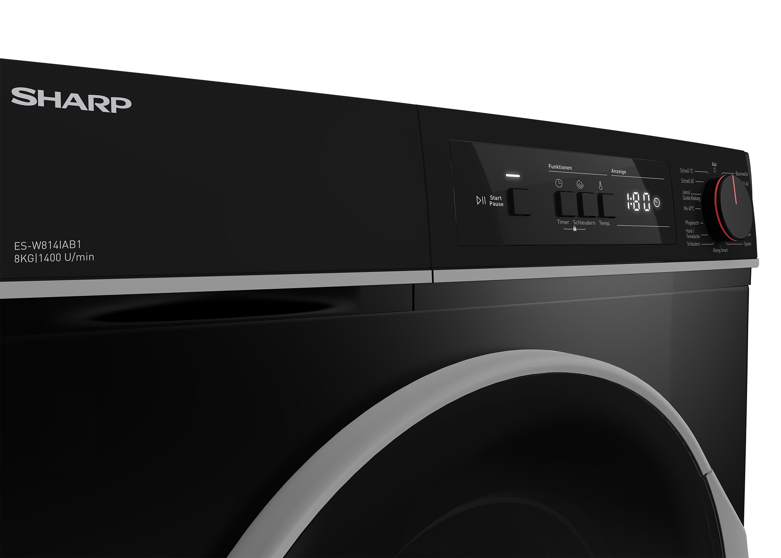 Sharp Waschmaschine ES-W814IAB1-DE, Motor, kg, Programme 1400 LED-Diplay, Schwarz AquaStop, Inverter U/min, 15 8 Überlaufschutz
