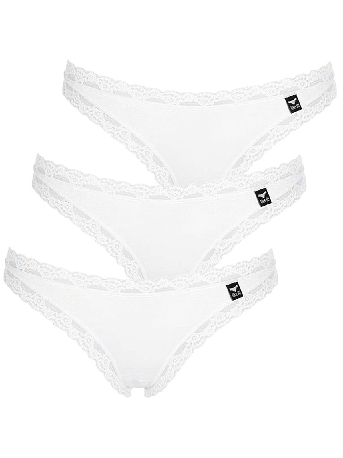 like it! String 3er Pack Damen String Olivia (Packung, 3-St) Zwickel weiss