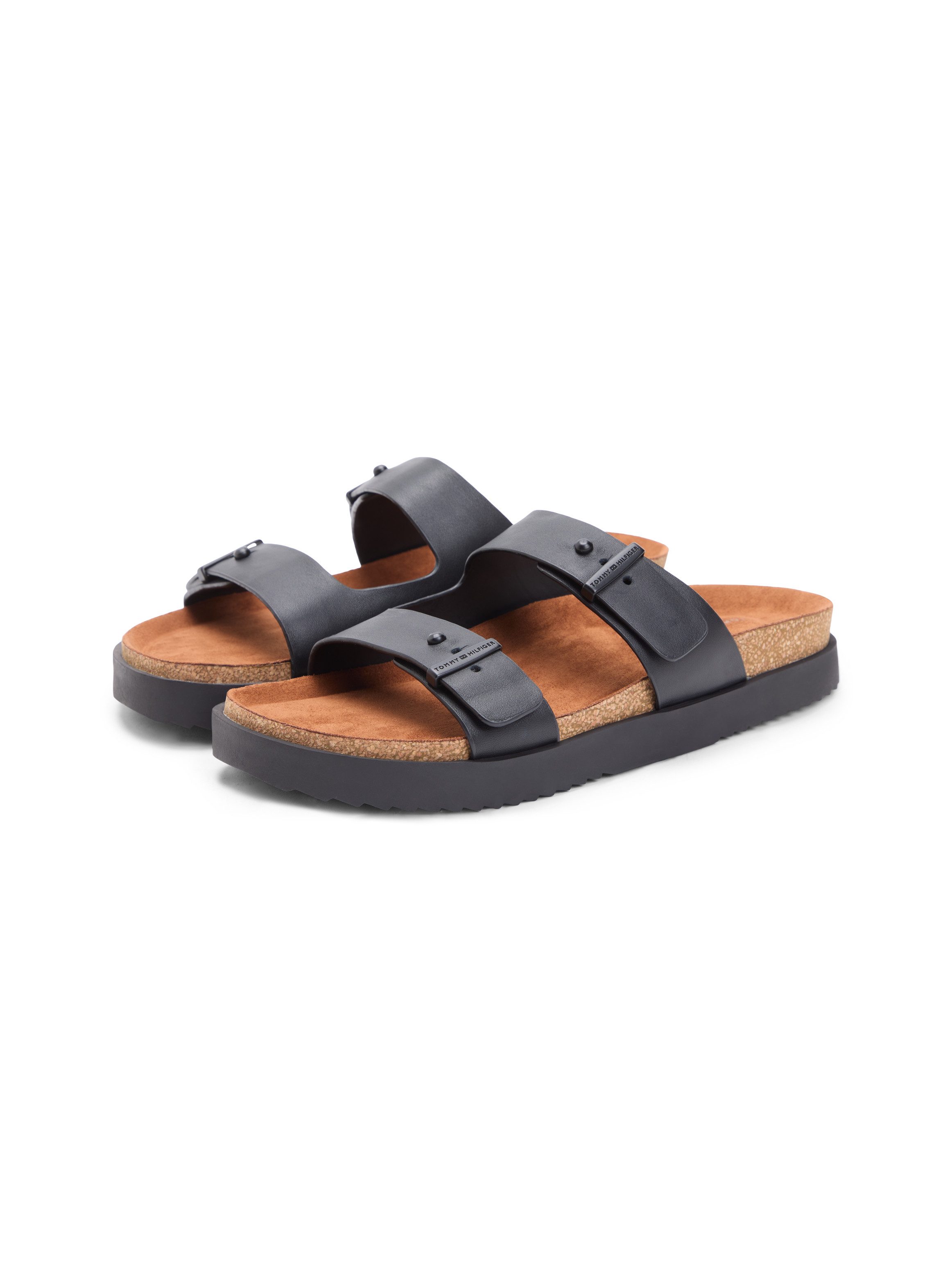 Tommy Hilfiger CORK ADJUSTABLE LTH SANDAL Pantolette Sommerschuh, Bequemschuh, Sandale mit Logoprägung in den Schnallen