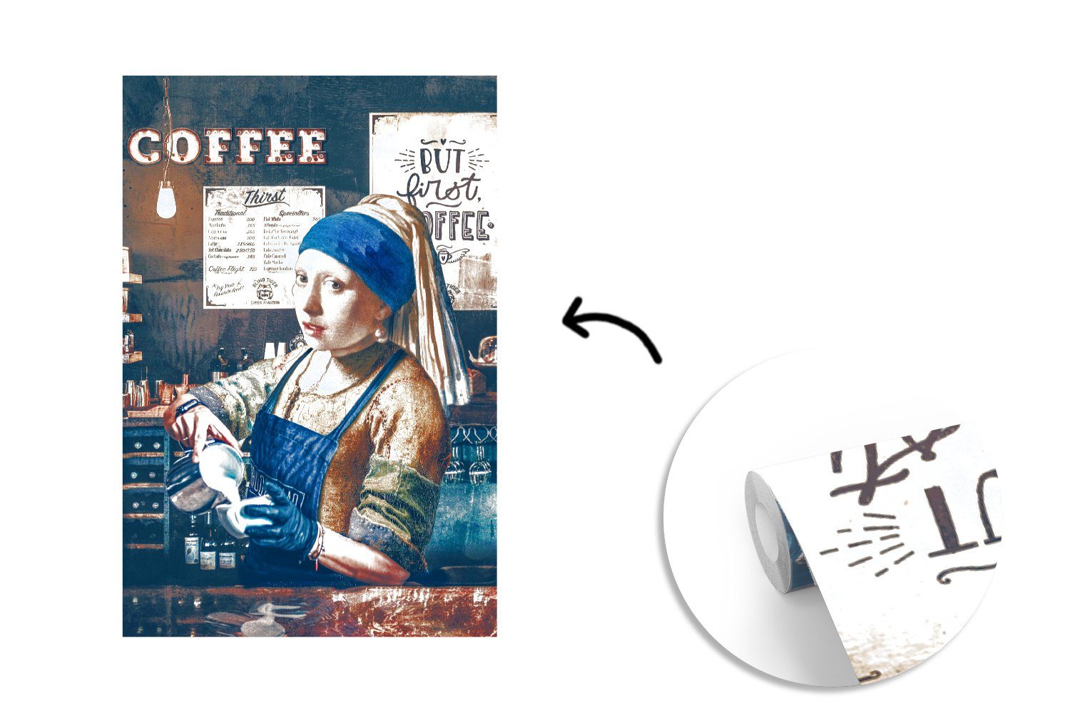 Fototapete MuchoWow Vinyl Perlenohrring Gemälde Vermeer Barista Wohnzimmer, - Matt, bedruckt, (3 Mädchen für Montagefertig - mit -, Tapete Bearbeitetes Wandtapete St), -