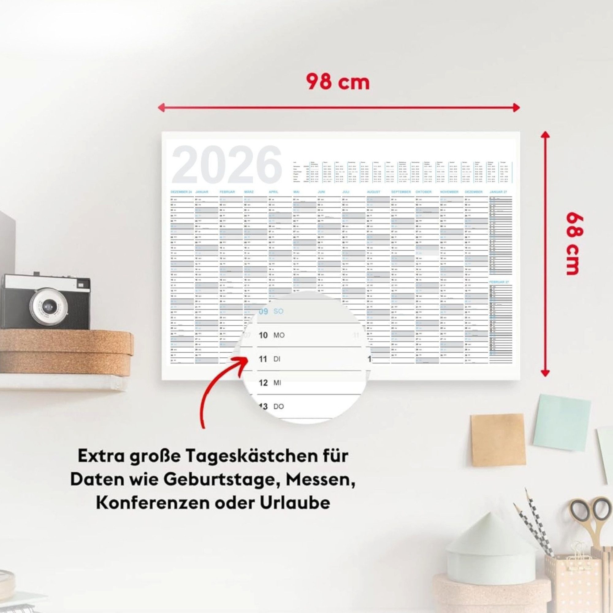 LEAF & GOLD Wandkalender Jahreskalender 2026 Wandkalender (98cm x 68cm) I Kalender für 2026
