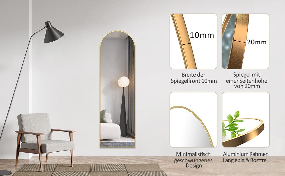 WDWRITTI Standspiegel Ganzkörperspiegel Oval Weiß Schwarz Gold Alurahmen 160x50 150x50cm (5mm HD Spiegel, mit Sicherheitsfolie), für Wohnzimmer Schlafzimmer Flur Badezimmer