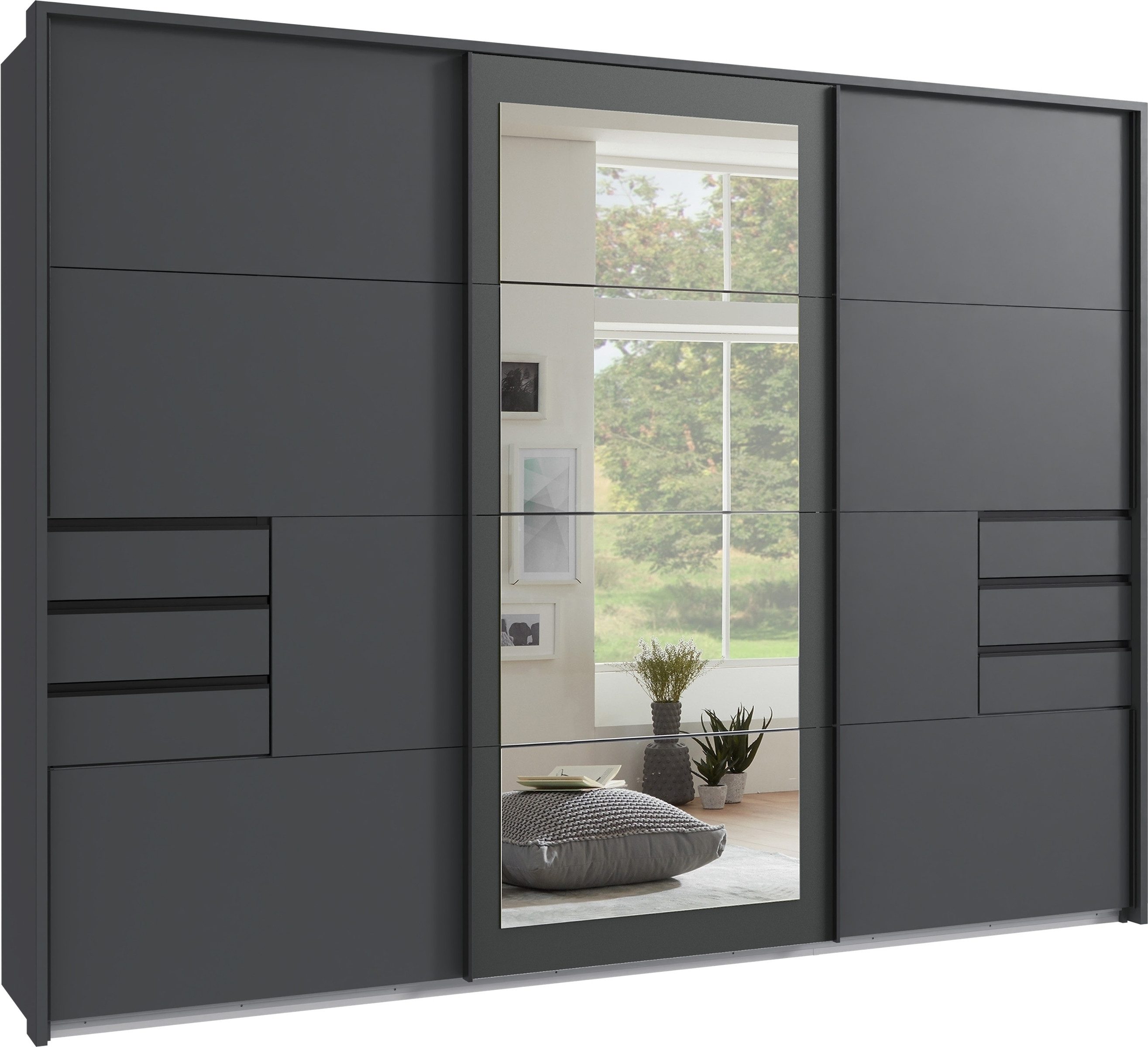 freiraum Schwebetürenschrank LUZERN in GRAPHIT + SPIEGEL - 270x208x64cm (BxHxT)