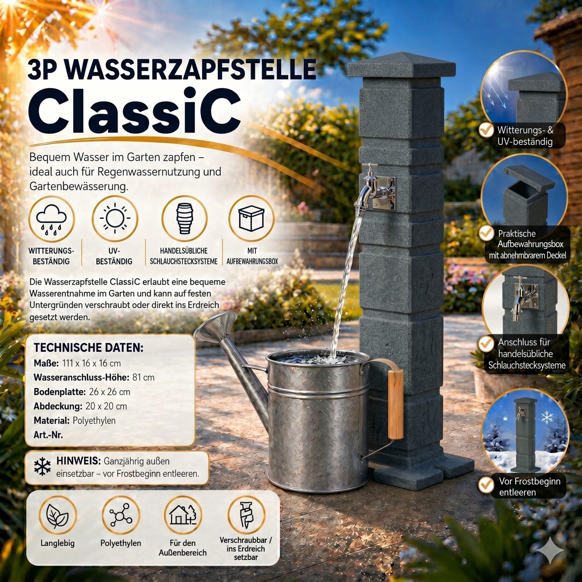 YourCasa Gartenbrunnen Classic Wassersäule Garten Römische Säulenoptik, 111 cm, abnehmbarer Deckel
