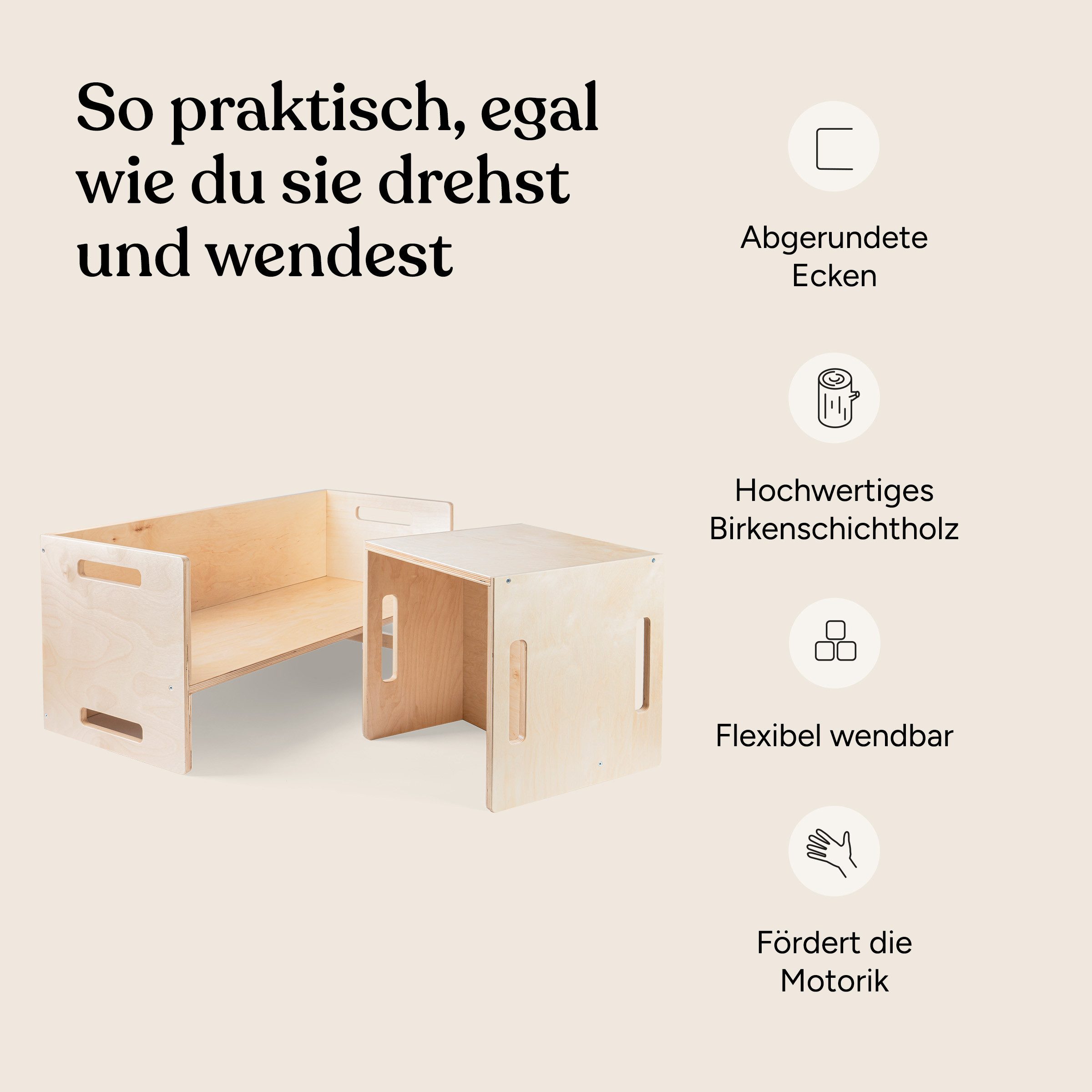 Ehrenkind Kinderhocker Montessori Wendehocker & Wendebank, Kindersitzgruppe Kinderzimmer (aus hochwertigem Birkenholz, Hocker & Bank für Kinderzimmer), aus Birkenschichtholz