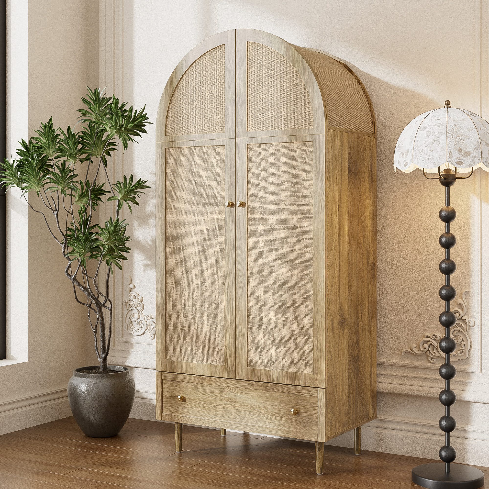 Odikalo Kleiderschrank Garderobe Stofftüren Schublade Walnuss Optik stabile Holzfüße Natur