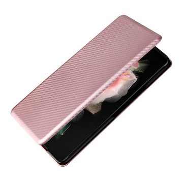 Wigento Handyhülle Für Samsung Galaxy Z Fold4 5G Carbon Kunstleder Handy Tasche Hülle Etuis Pink