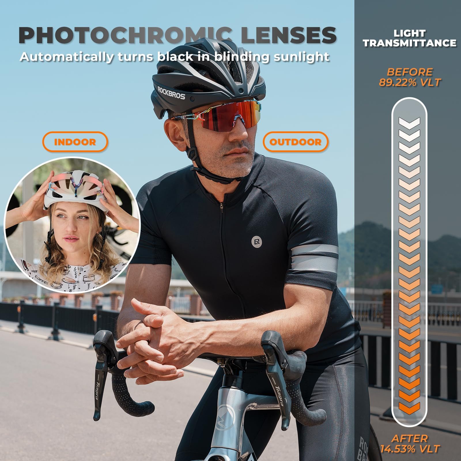 ROCKBROS Fahrradbrille Sportbrille Herren Outdoor Radfahren Angeln Golf PC Rahmen, photochrom, UV400 Schutz, ultraleicht, winddicht