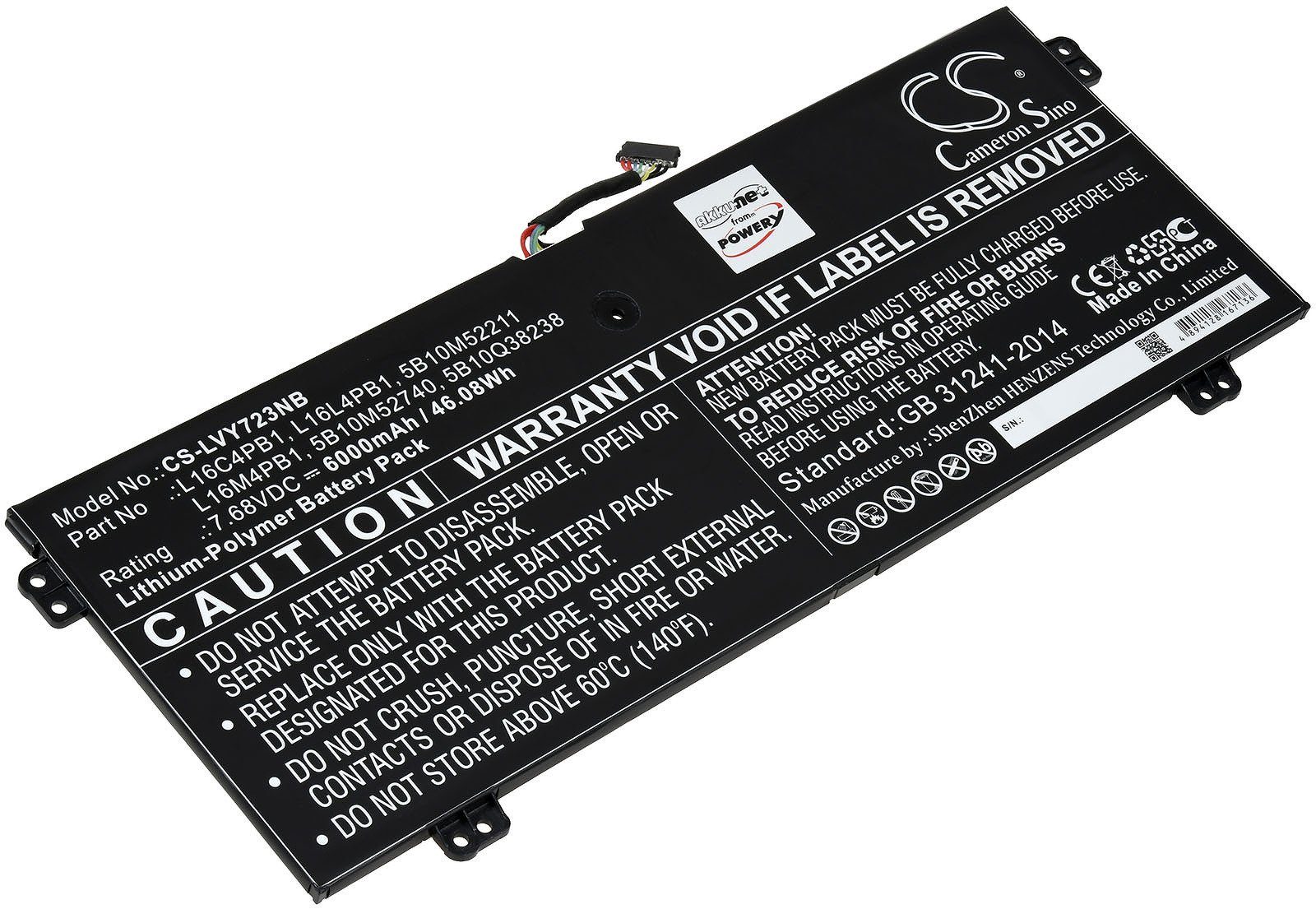 Powery Akku für Lenovo L16L4PB1 Laptop-Akku 6000 mAh (7.76 V)