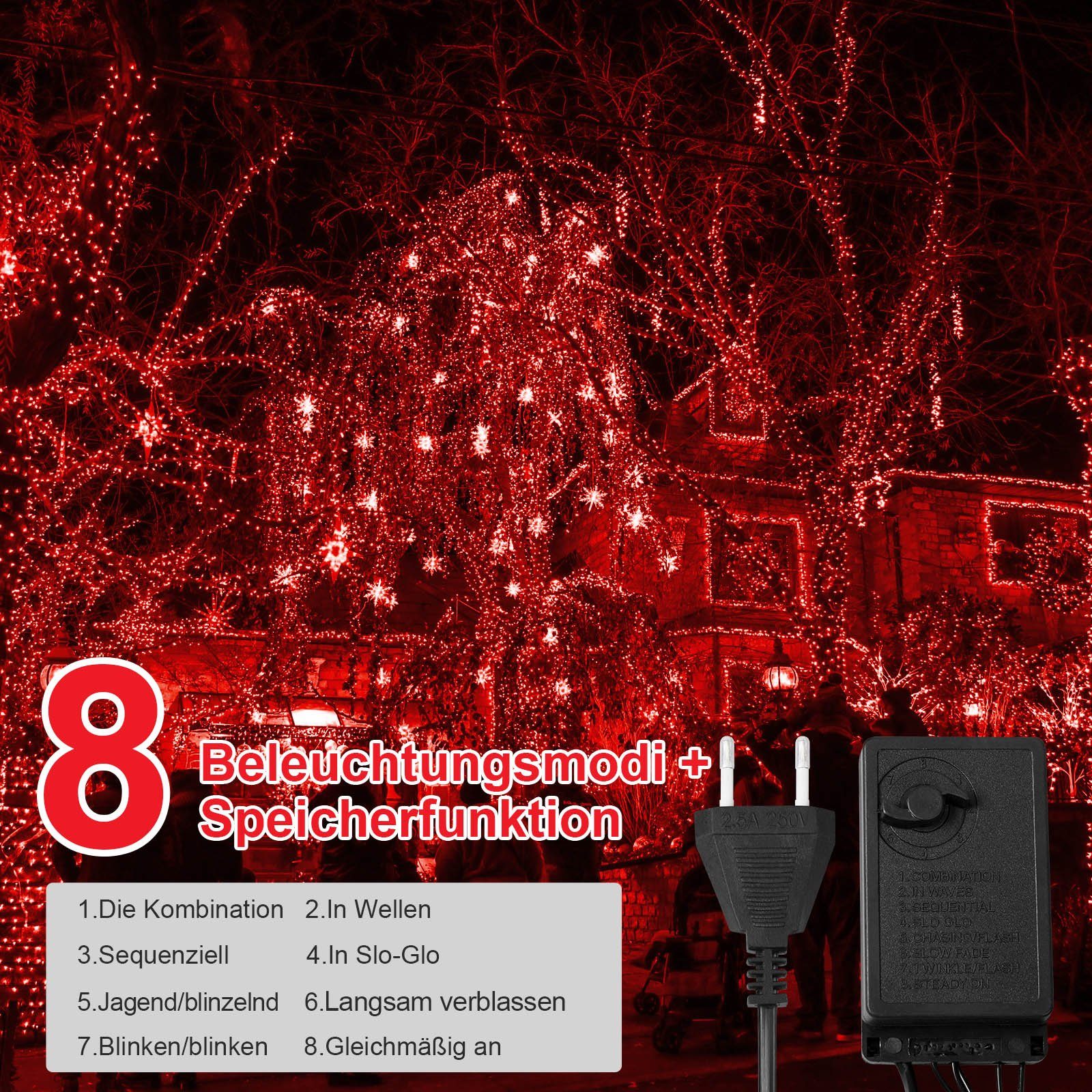 8 wasserdicht, Spulenverpackung Rot Deko, LED-Lichterkette 50M, Rosnek Modi, Kabel, Weihnachtsbaum schwarzes Speicherfunktion, Garten für 240LEDs,