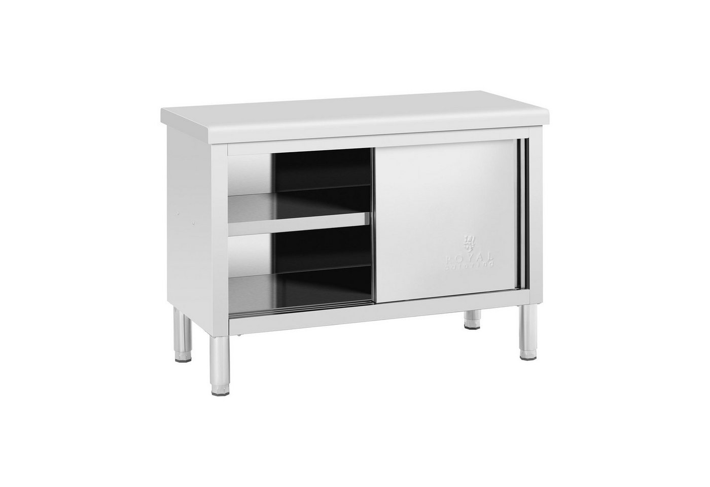 Royal Catering Arbeitstisch 120 x 50 cm Arbeitsschrank Edelstahltisch Schiebetüren Gastro 3 Ebenen, verschiedene Größen
