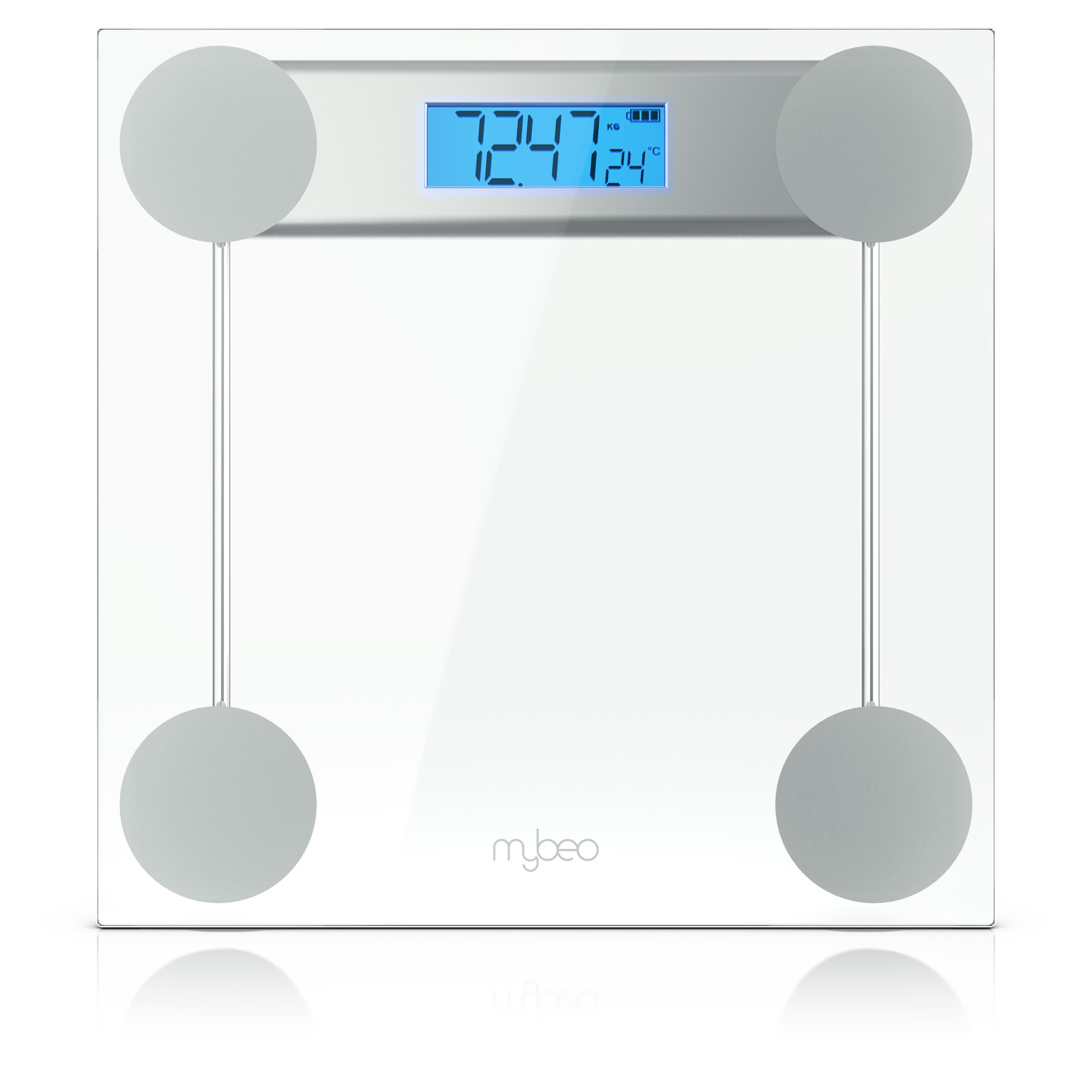 MyBeo Personenwaage digitale Waage für Personen, große Trittfläche aus 6mm Sicherheitsglas, 1-tlg., Badezimmer Digitalwaage, schmales Design, max. Belastung über 150 kg