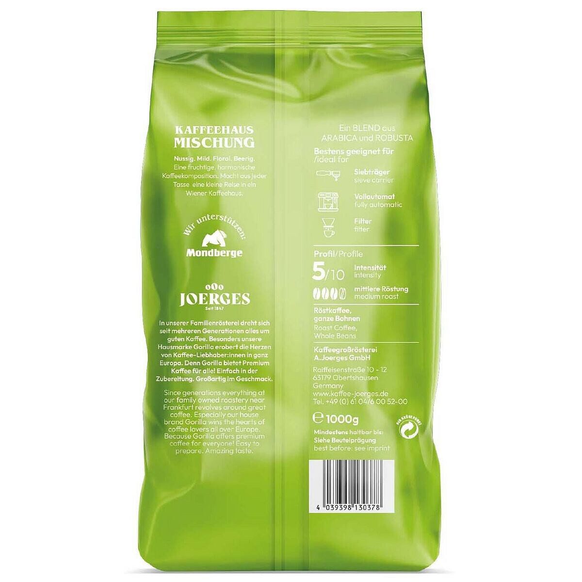 Gorilla Kaffee Kaffeehaus Mischung, 1 kg, ganze Bohnen