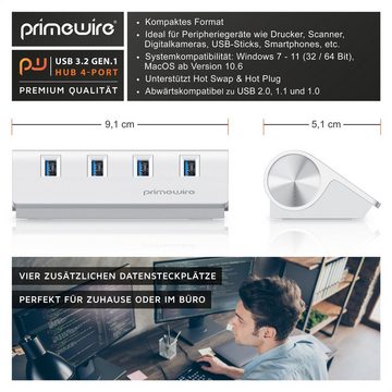 Primewire USB-Adapter, 4 Port USB 3.2 Gen1 Hub, Datenhub, Aluminiumgehäuse, Netzteilanschluss