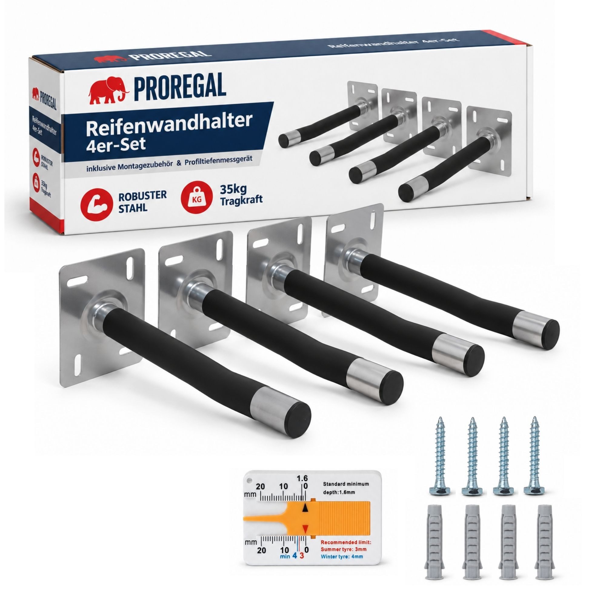 PROREGAL® Reifen-Wandhalterung PREX PRO aus Stahl gummierte Auflage extra groß für Reifen & Felgen, (4-tlg., Inkl. Montagezubehör & Profiltiefenmesser Traglast je 35kg)