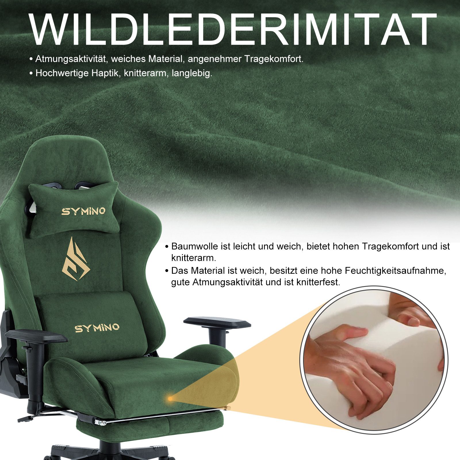 symino Gaming-Stuhl Drehstuhl, verstellbare Armlehnen und Rückenlehne, Memory Foam Kissen, mit Fußstütze, Grün