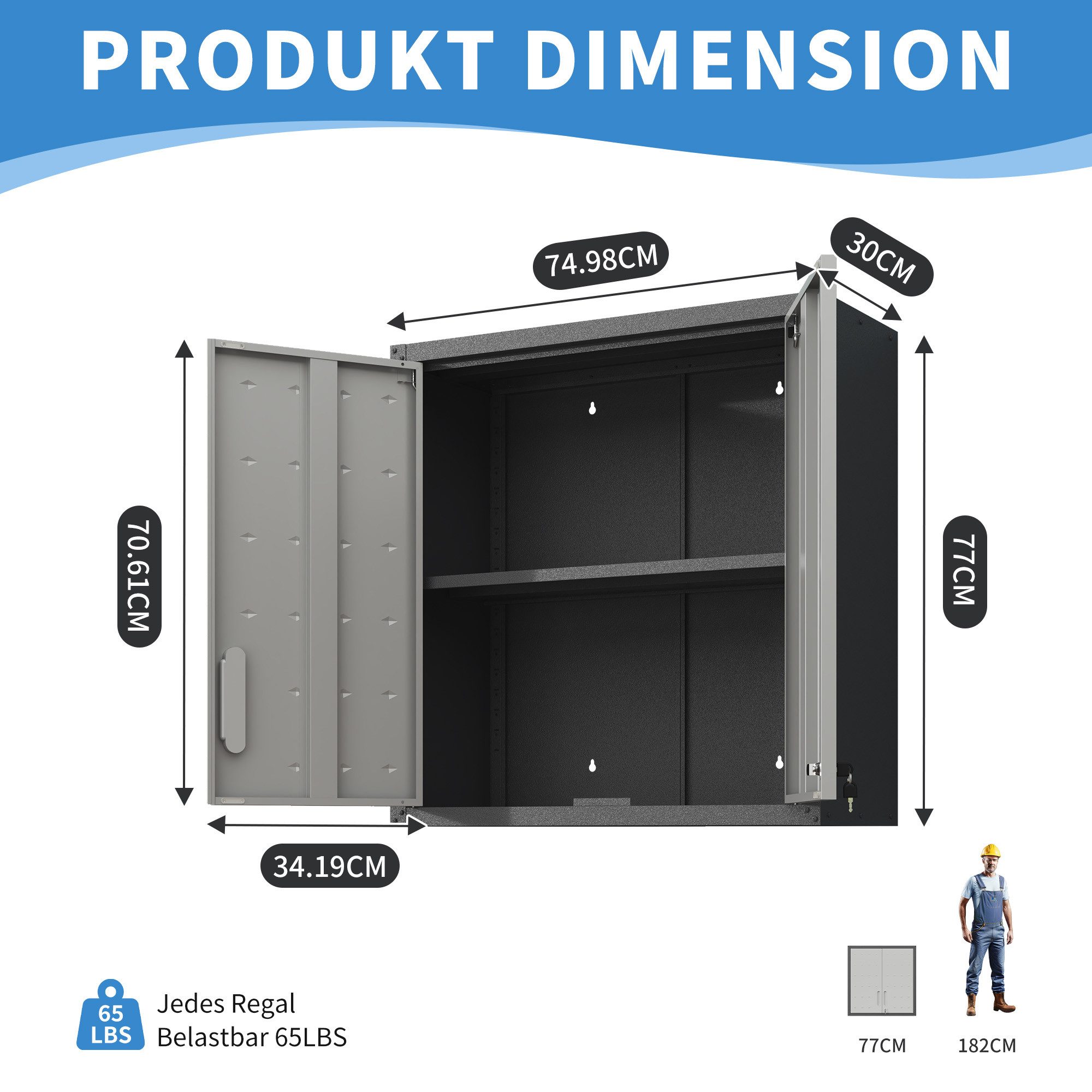 Celya Wandhängeschrank Metall Wandschrank mit Türverschluss, Ablage, Robust, H77 cm × B75 cm × T30 cm, Umweltfreundlich, Ideal für Garage, Werkstatt & Büro