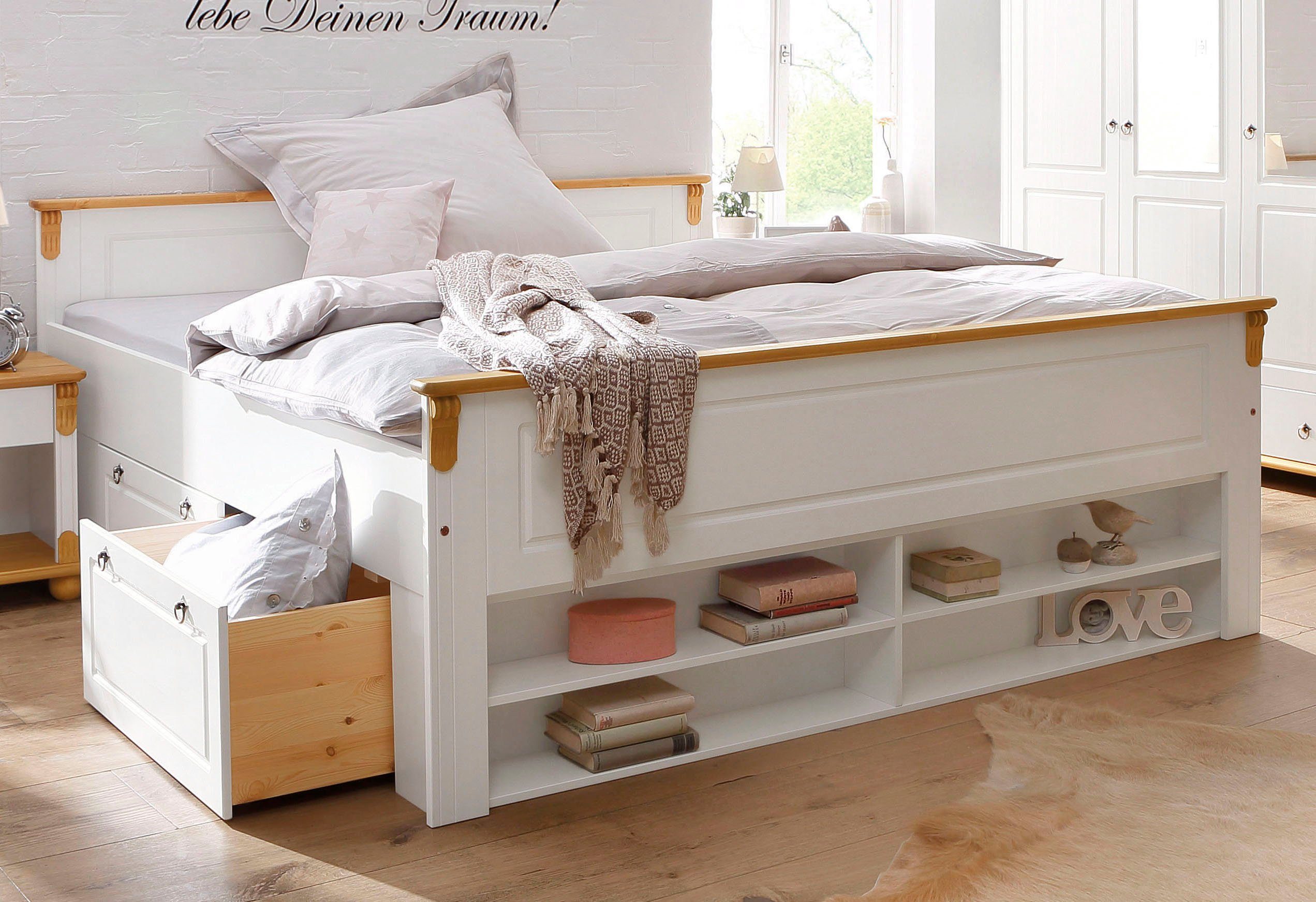OTTO home Massivholzbett Tessin, Stauraumbett, Landhausstil, Schubladen optional, rustikal (Breite/Belastbarkeit 180cm/220 KG, 140cm/180 KG), zertifizierte Kiefer, Kassetten-Optik, stabile Qualität