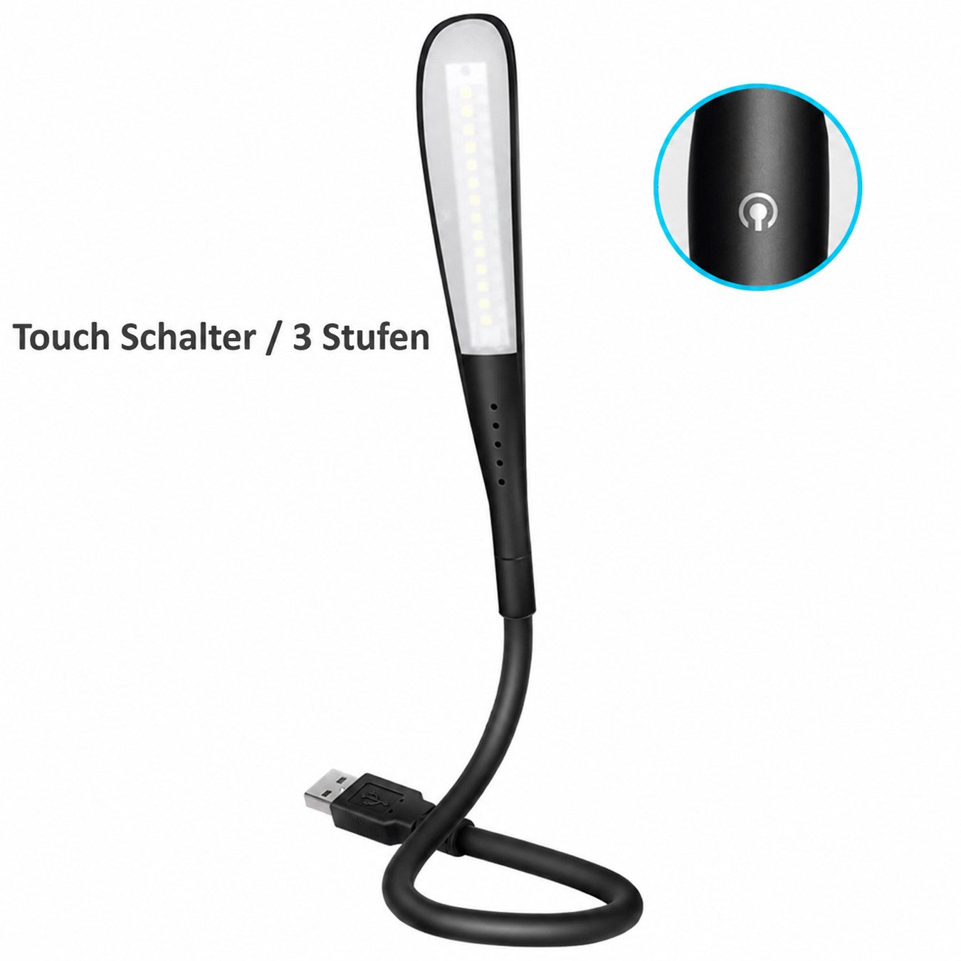 Bolwins USB-Lampion H47C USB LED-Lampe Schwanenhals 1,5W für Laptop Notebook, dimmbar LED (Einzelset, 1-St., 1x USB LED Lampe 1,5W mit 14 LEDs und Touchschalter)