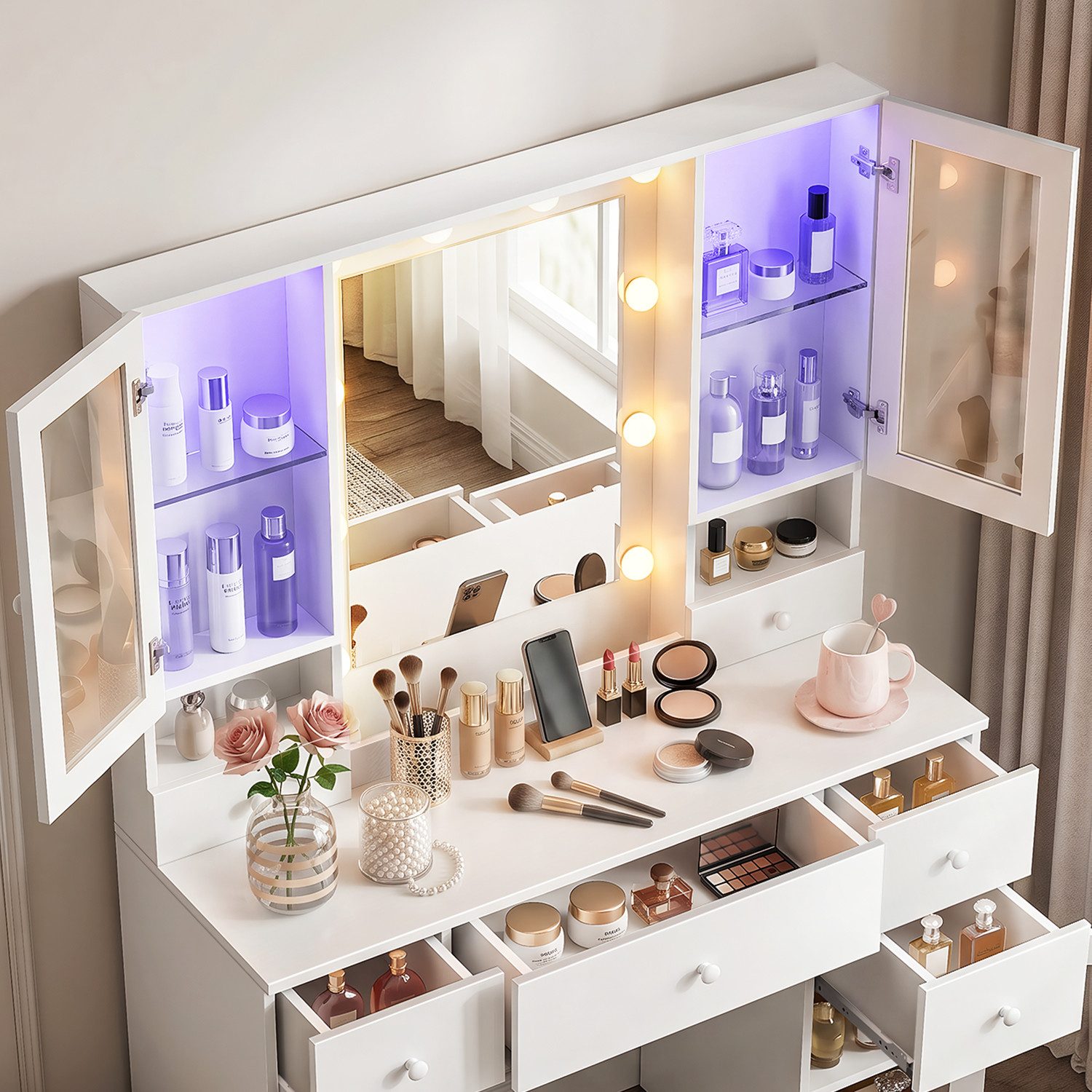 oyajia Schminktisch mit Spiegel und LED-Leuchten, Steckdosenleiste, 5 Schubladen (1 Schränke, 10 dimmbare Glühbirnen, 3 Lichtfarben, 107.5x40x155.5cm), für Ihr perfektes Make-up-Erlebnis