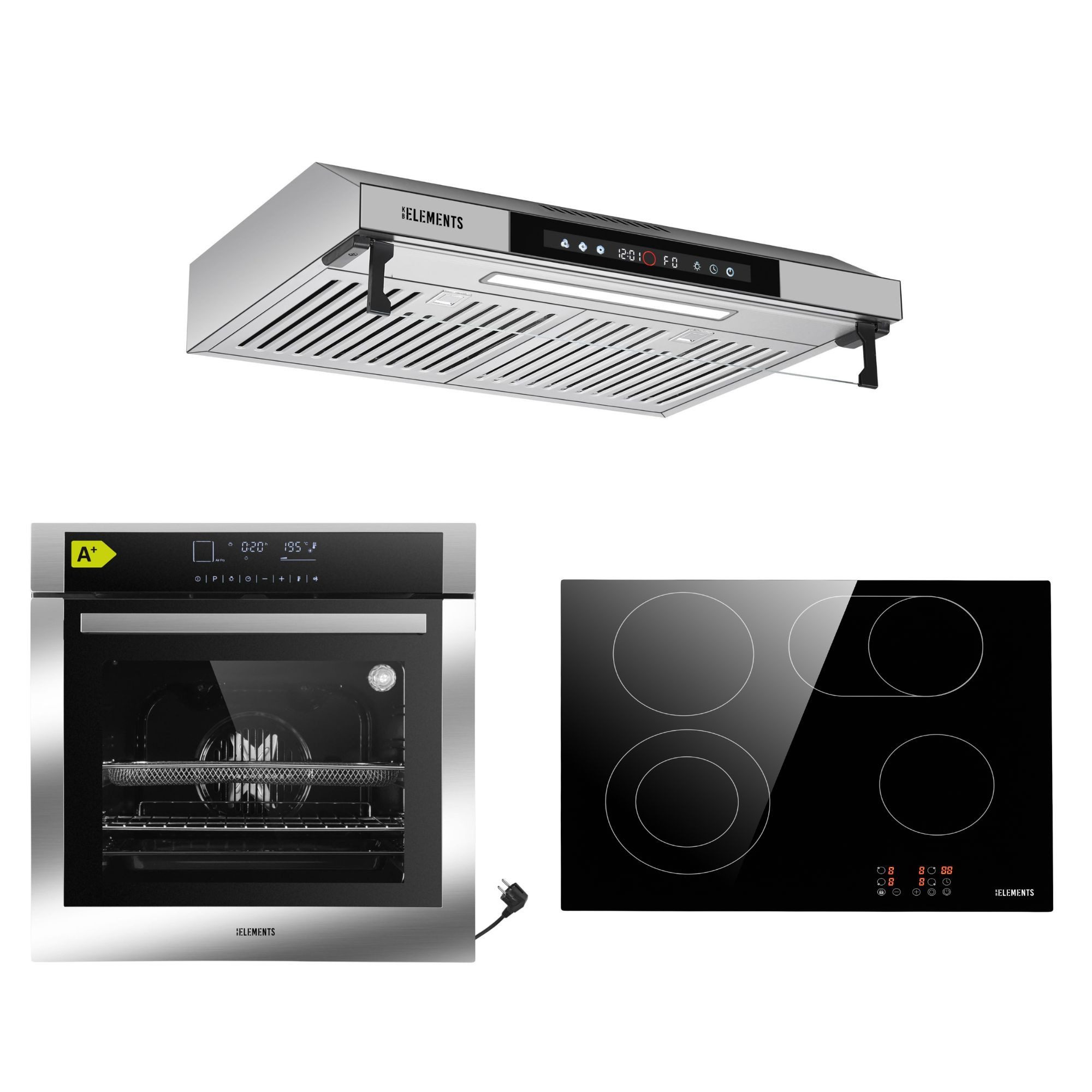 KB Elements Backofen-Set Einbaubackofen 60 cm mit 4-Zonen Glaskeramik Kochfeld 60 cm, mit 2-fach-Teleskopauszug, AQUA CLEAN, Einbaubackofen Full Touch mit 15 Funktionen, Air Fry Funktion