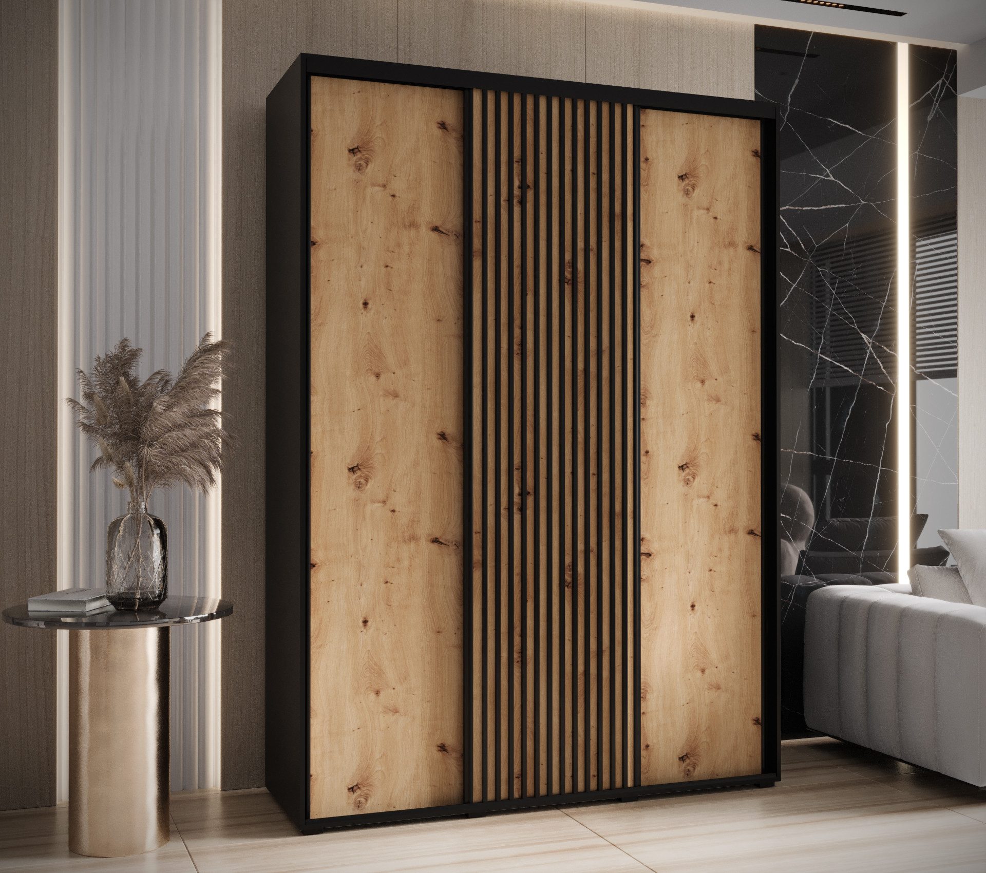 MOEBLO Schiebetürenschrank RILLO (Wohnzimmerschrank, Schwebetürenschrank 2-türig Schrank Garderobe Schiebtüren Schlafzimmer) Lamellen