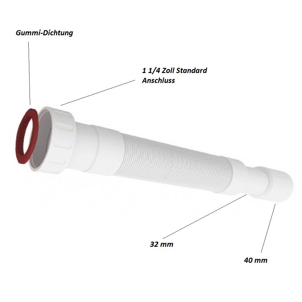 Sanixa Siphon Universal-Abflusssiphon flex 1 1/4" Zoll auf 32/40mm, (Kunststoff weiß, Abfluss Rohr), Siphon Küche Spüle Bad Waschbecken Ablauf flexibel