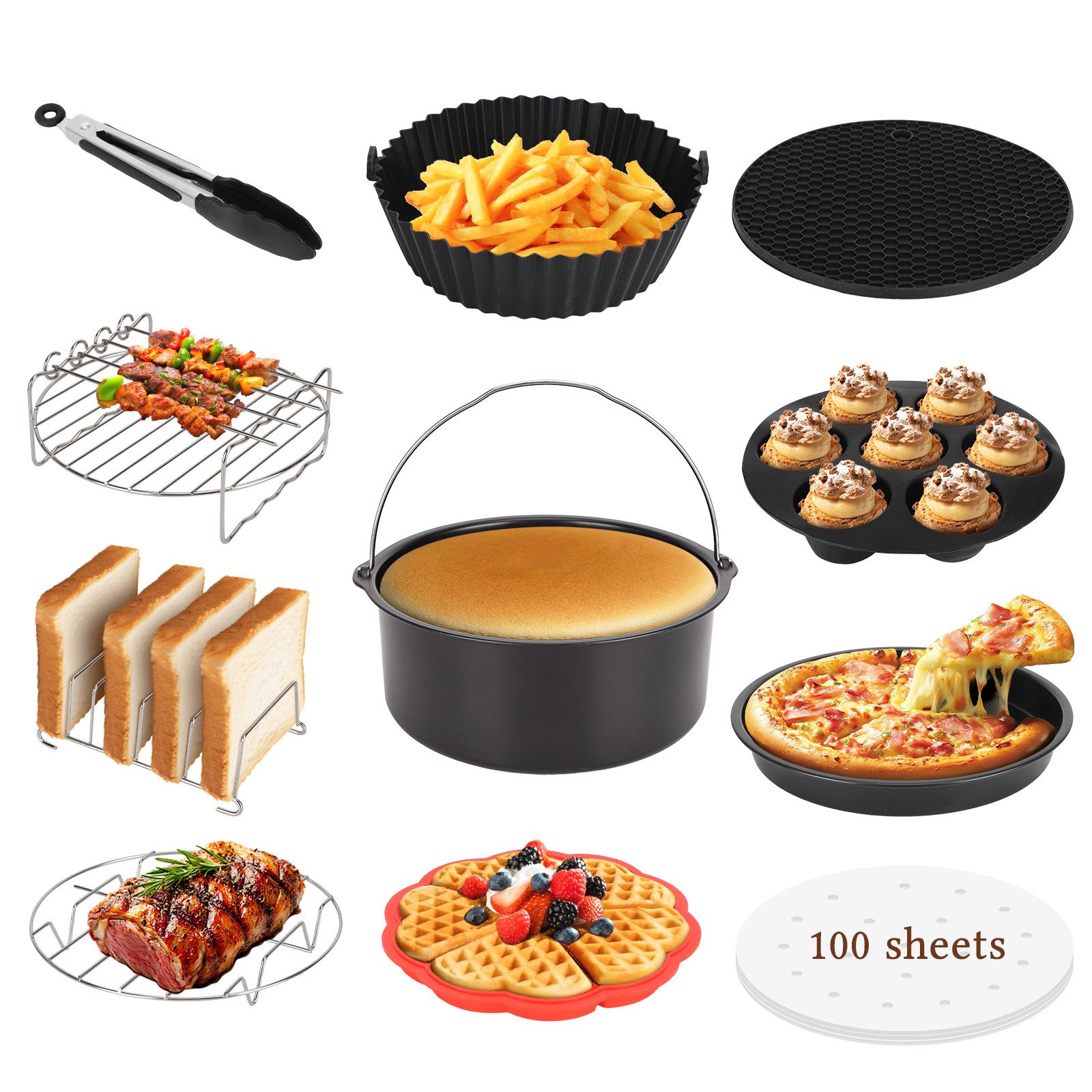 Aigostar Küchenmaschinen Zubehör-Set Heißluftfritteuse Zubehör, 12 Stück Airfryer Zubehör, Silikonform, Zubehör für Zubehör heißluftfritteuse für Aigostar 5.5L,6L,6.5L,Cecotec 5.5L,6L,6.5L,COSORI 5.5L,6L,6.5L, Ninja 6,2L, Philips 6,2L, Grillrost, Pizzablech, Backpapier, Backform,Waffelform