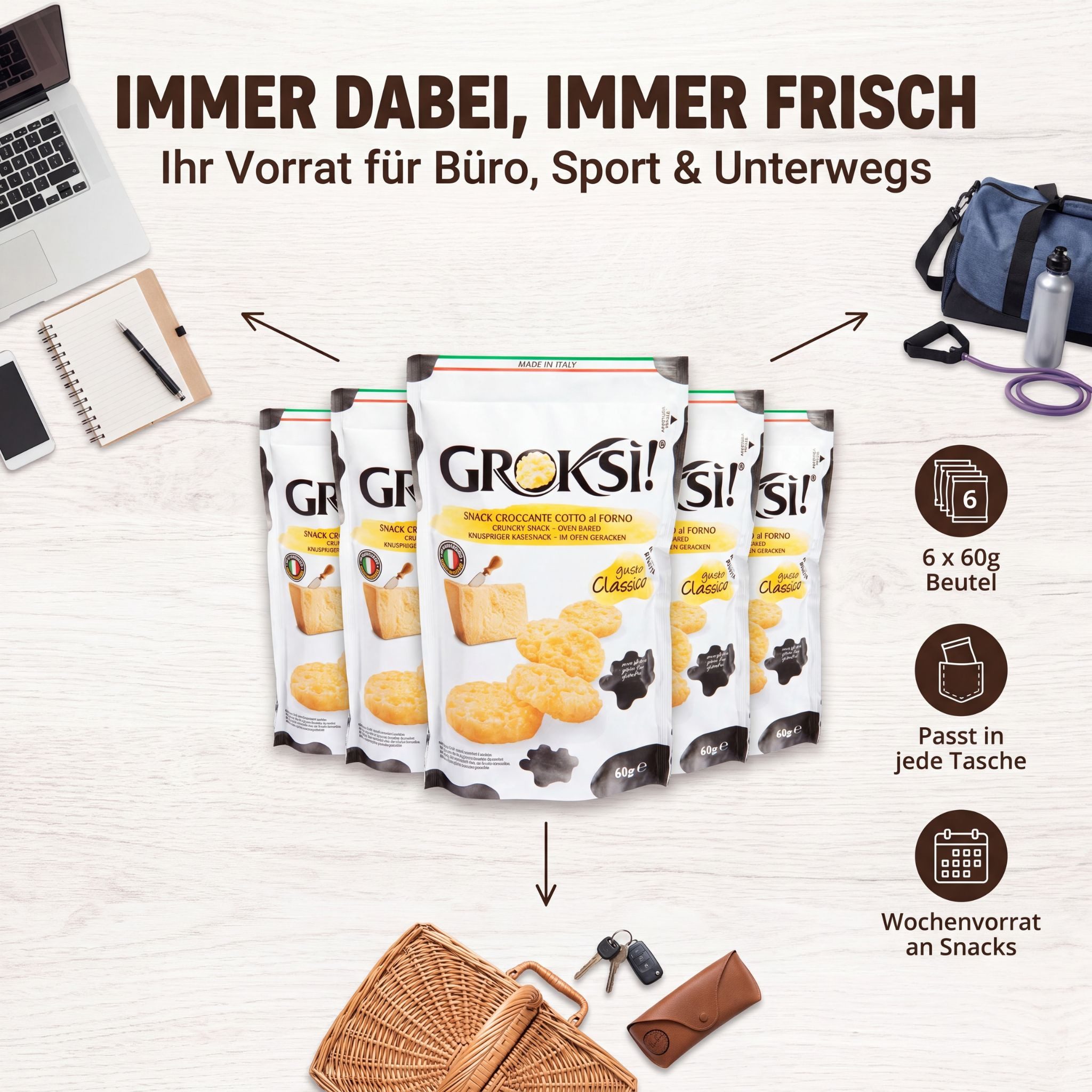 Groksi! Knabberei GROKSi! Käse-Snack Classico 12x 60g, 12 x 60 g, (Classico 12x 60g, Käse-Snack aus Italien, Käse-Cracker, Protein Snack) – Bild 5 von 5