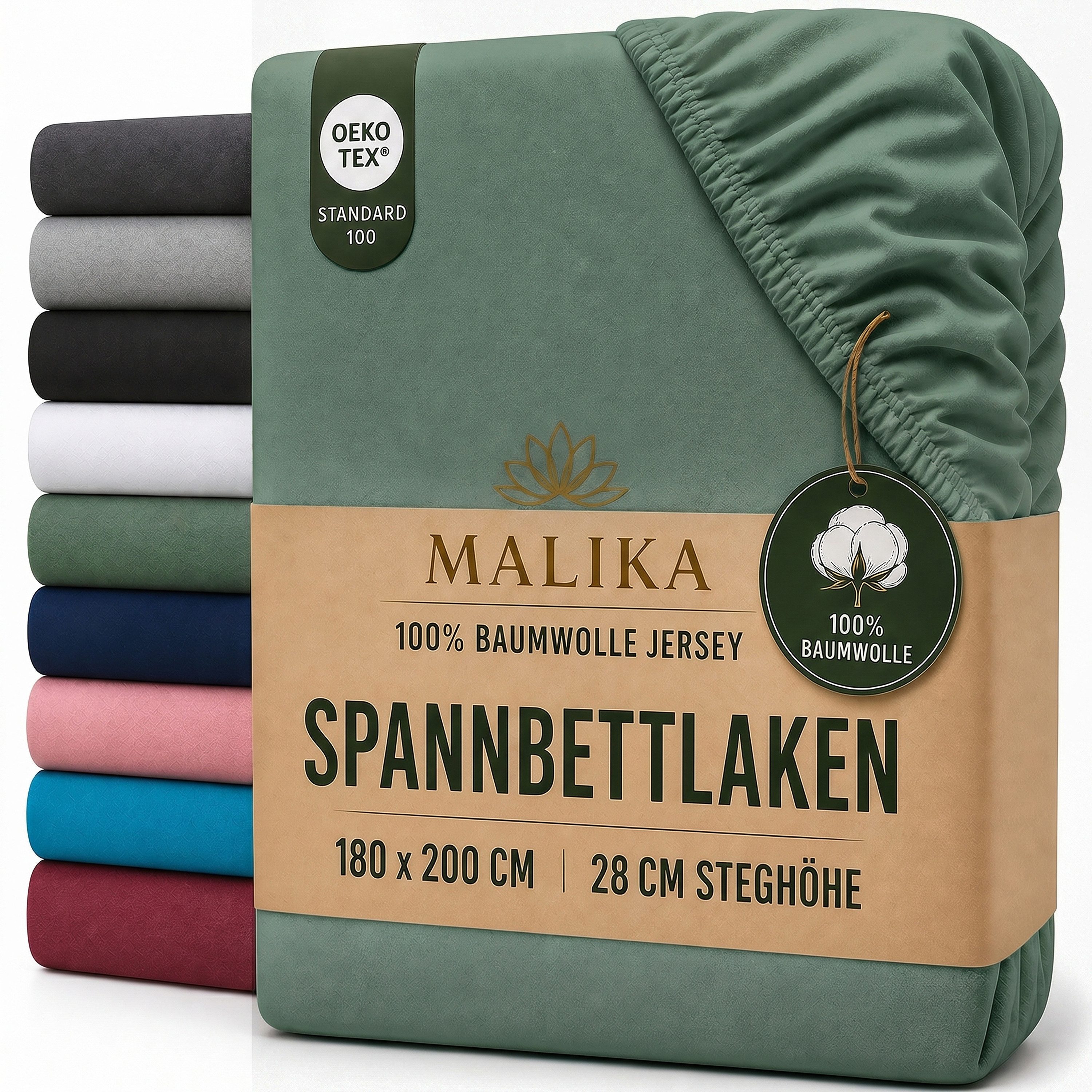 Malika Spannbettlaken aus 100% Baumwolle, 120x200, Dunkelgrün, Jersey Baumwolle, Gummizug: Ja, (1 Stück), Allergikergeeignet, Pflegeleicht und Atmungsaktiv