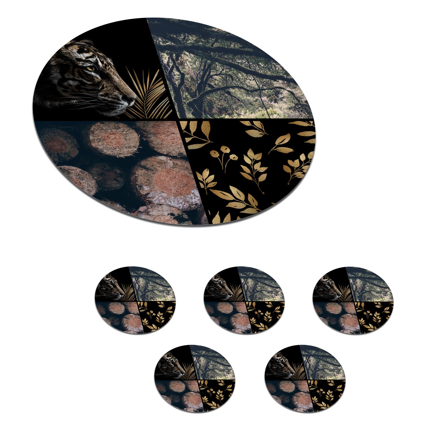 MuchoWow Glasuntersetzer Tiger - Collage - Baum - Gold, Zubehör für Gläser, 6-tlg., Getränkeuntersetzer, Tassenuntersetzer, Korkuntersetzer, Tasse, Becher