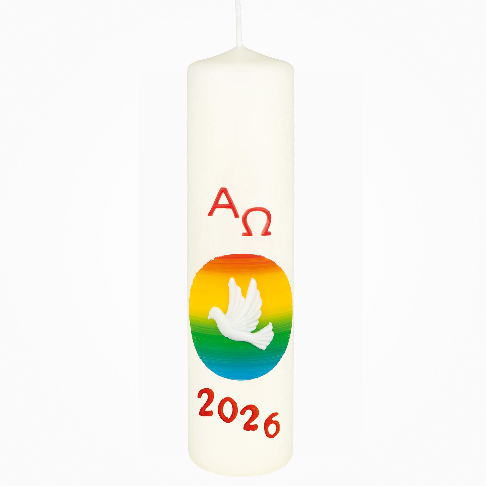 Jaspers Kerzen Stumpenkerze Osterkerze für Zuhause Friedenskerze Regenbogen Taube A+O 20 x Ø 5 cm