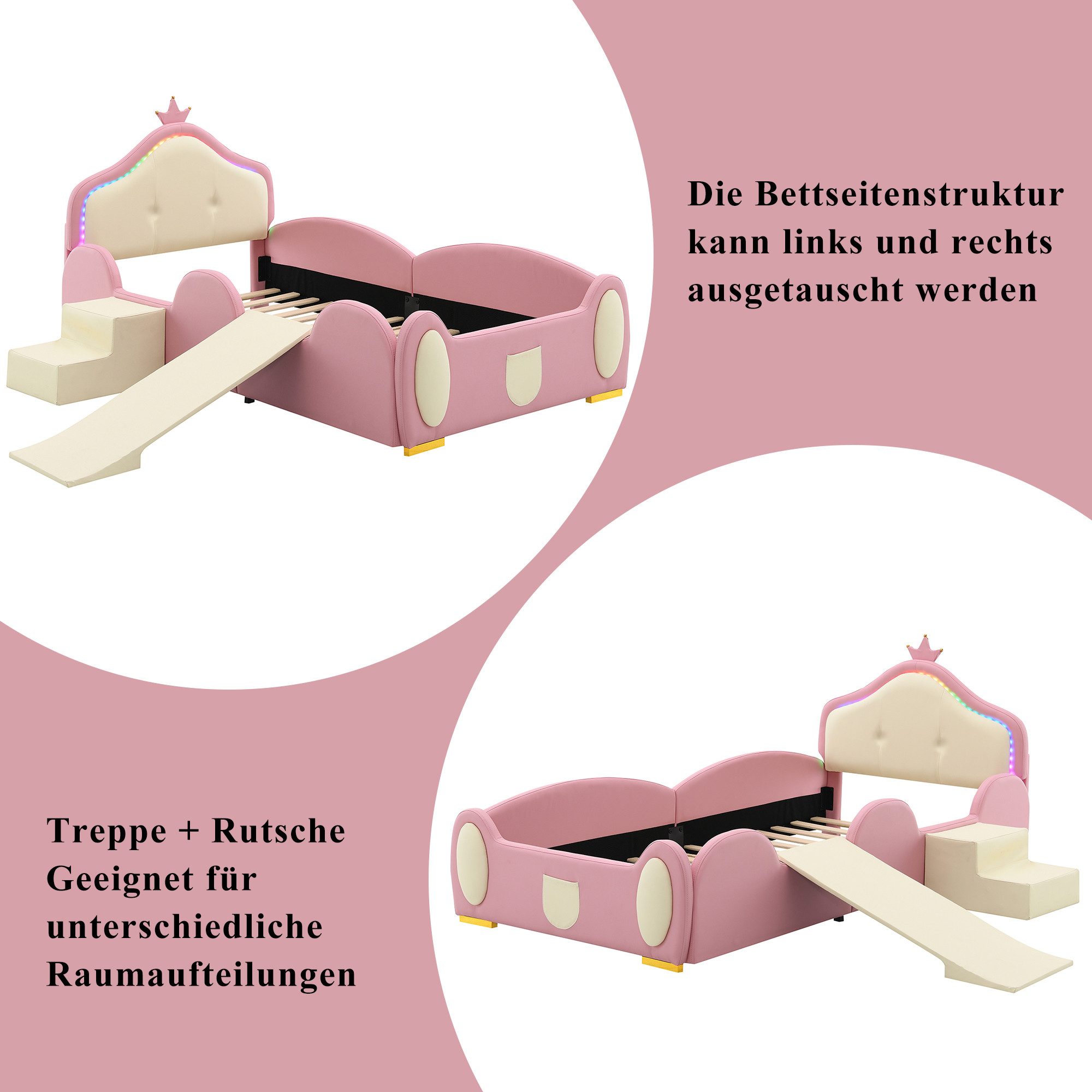 OKWISH Children's Interactive Upholstered Bed 90x200 cm with Slide & LED (Interactive single bed made of faux leather, with wooden slats, made of faux leather, with soft protective edges & interchangeable stairs), with wooden slats, without mattress – for playful adventures in the dark