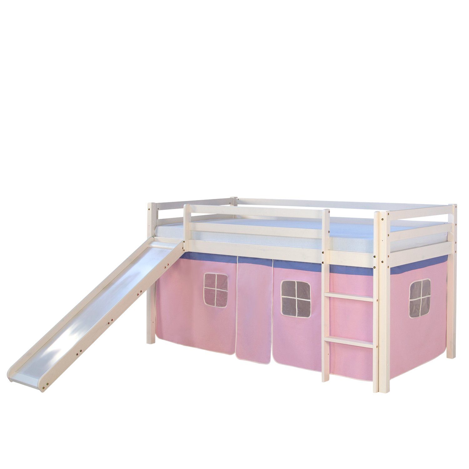 Homestyle4u Hochbett Kinderbett mit Leiter und Vorhang Weiß Rosa Holz Trepp günstig online kaufen