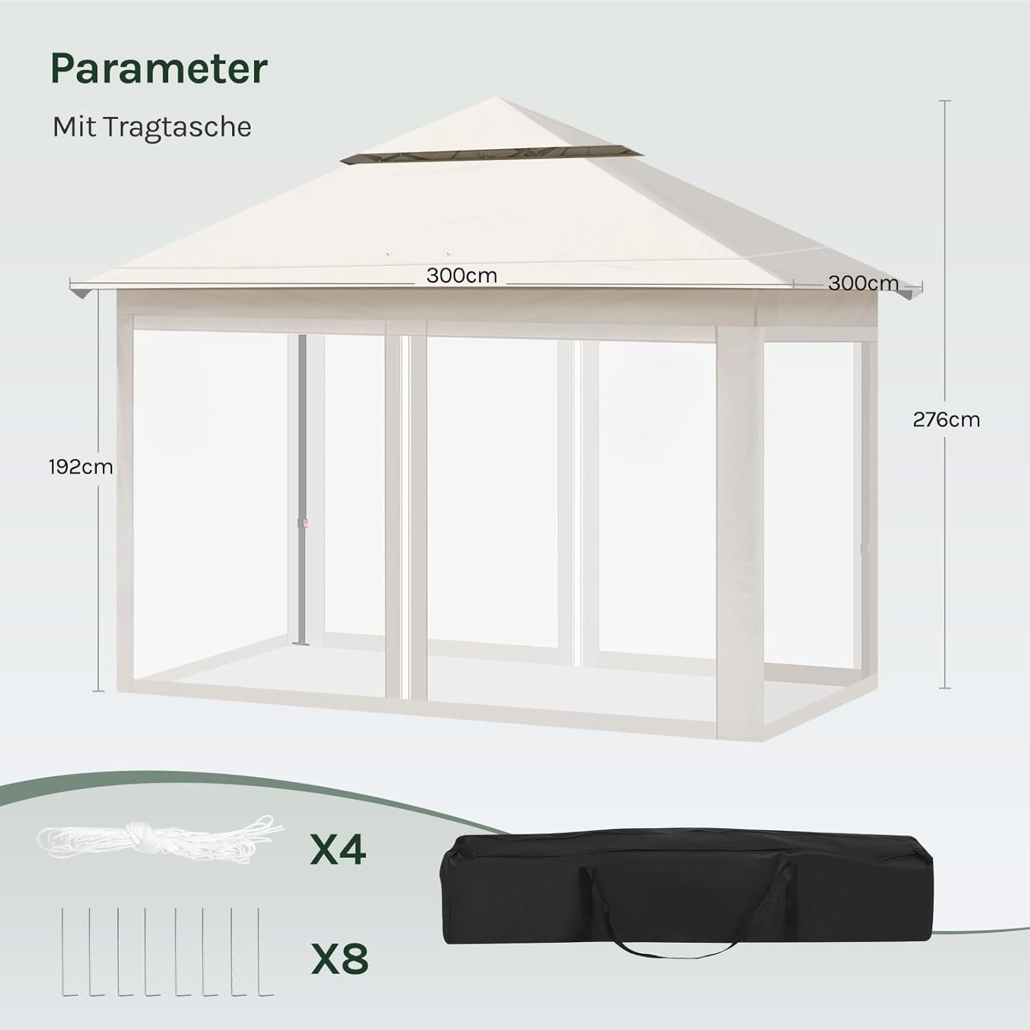 Woltu Pavillon, mit 4 Seitenteilen, 3x3 m, mit Moskitonetz, 4 Seitenteilen, höhenverstellbar