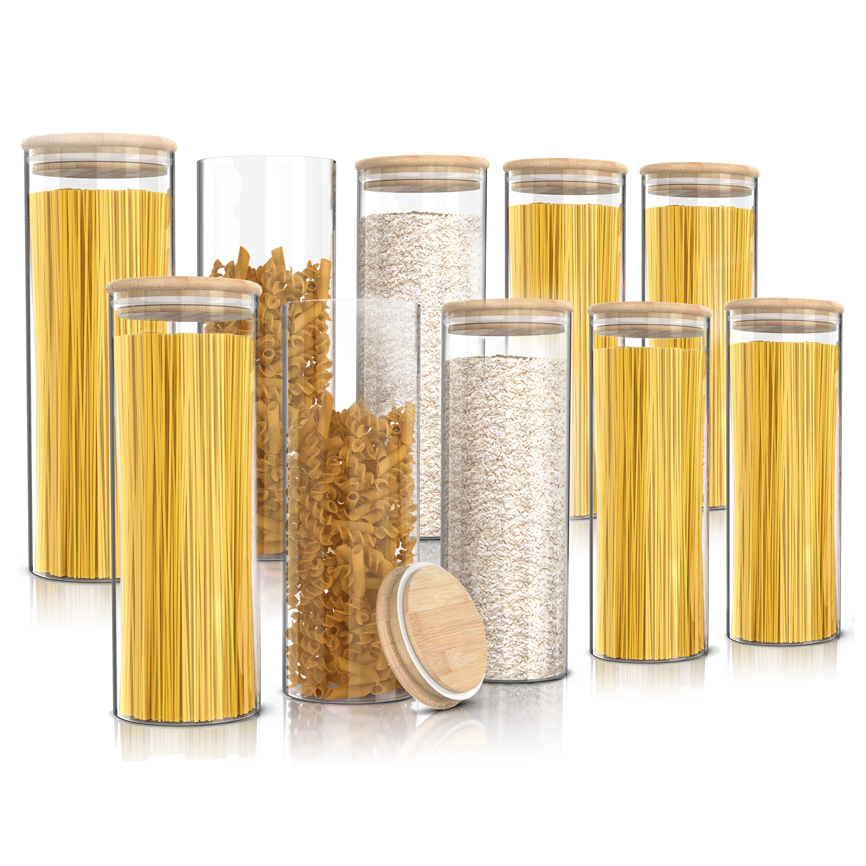 Arendo Aufbewahrungsbecher Glasbehälter-Set 10x 2,2 L Borosilikatglas mit Bambusdeckel, luftdicht, Borosilikatglas, Bambus, Silikon, (Vorratsbehälter-Set, 10-tlg., 10er Set), Hitzebeständig, umweltfreundlich, langlebig, mikrowellengeeignet