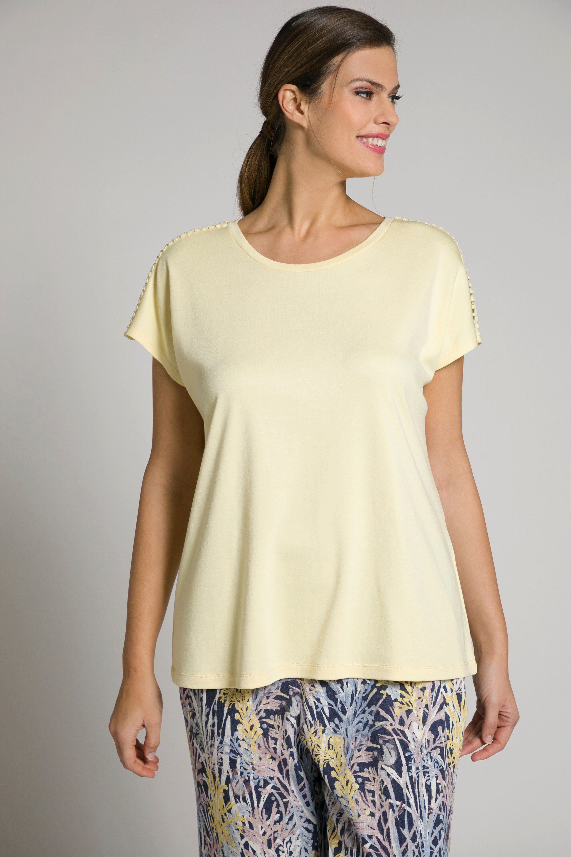 Ulla Popken Longsleeve T-Shirt Zierband Oversized Rundhals Halbarm blassgelb | Shirts