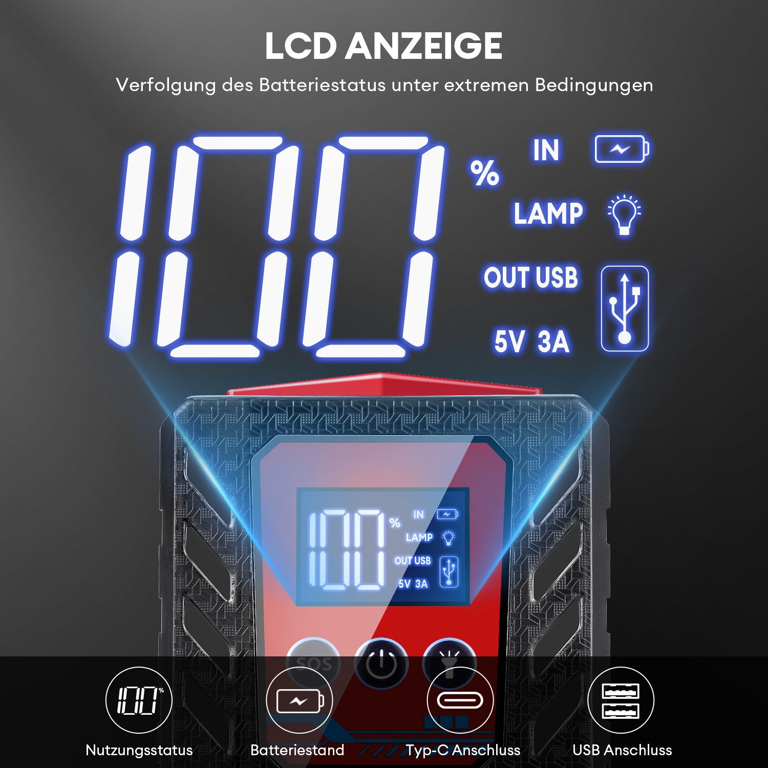 CkeyiN Starthilfe Powerbank Auto Starthilfegerät 3000 A Starthilfegerät 12000 mAh (12 V), bis zu 8 L Benzin/7 L Diesel 5 Modi 4-IN-1-Funktion mit LED-Licht – Bild 5 von 5