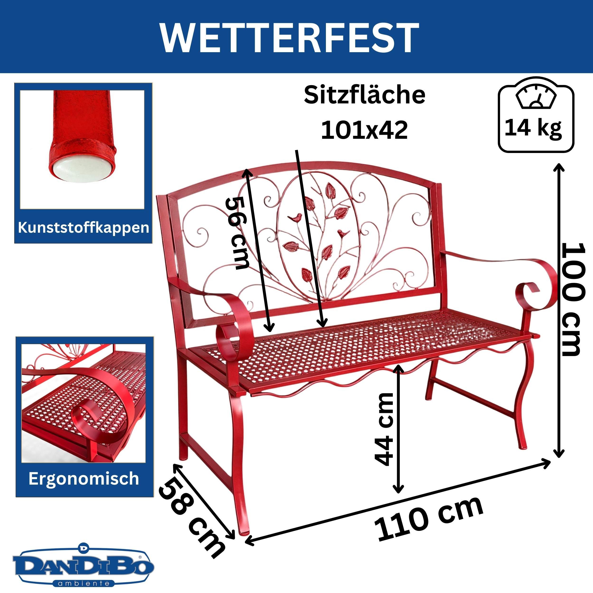 DanDiBo Gartenbank Wetterfest Rossa 2 Sitzer Metall Rot 110 cm Sitzbank Eis günstig online kaufen