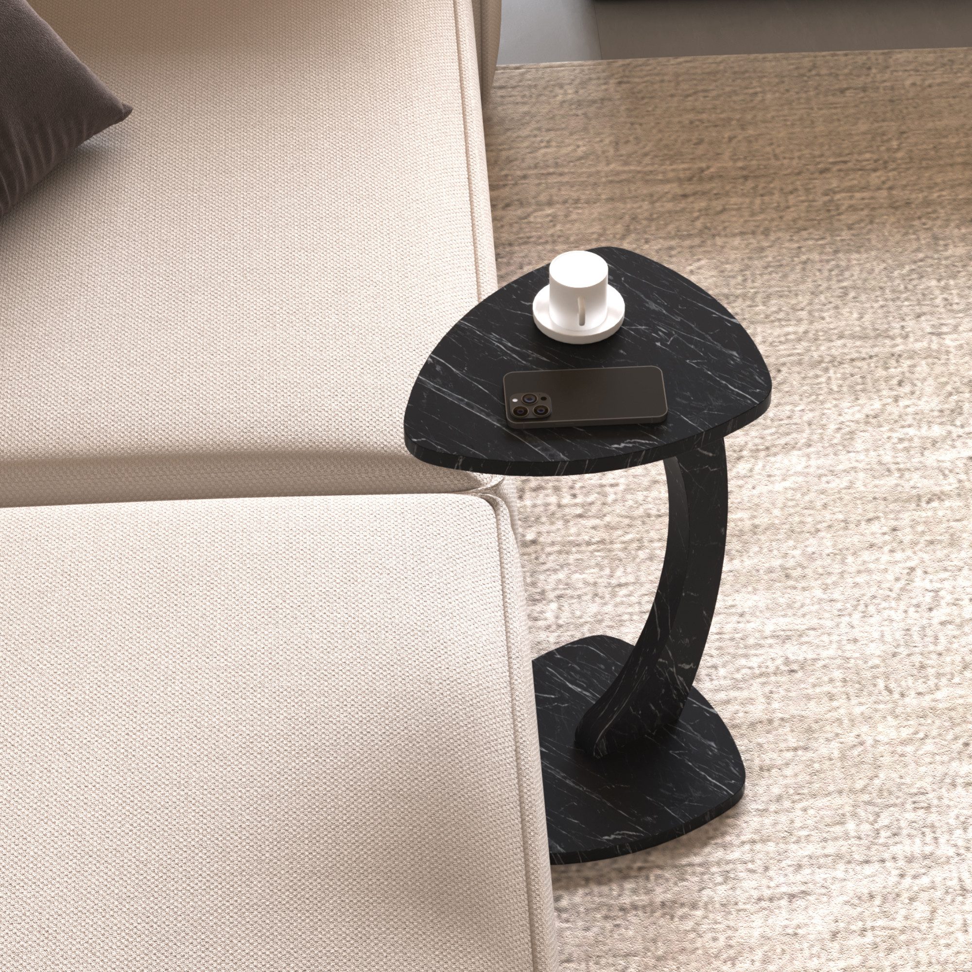 en.casa Beistelltisch, rollbar »Klinerg« C-Form 40 x 37 x 56 cm Marmoroptik, schwarz