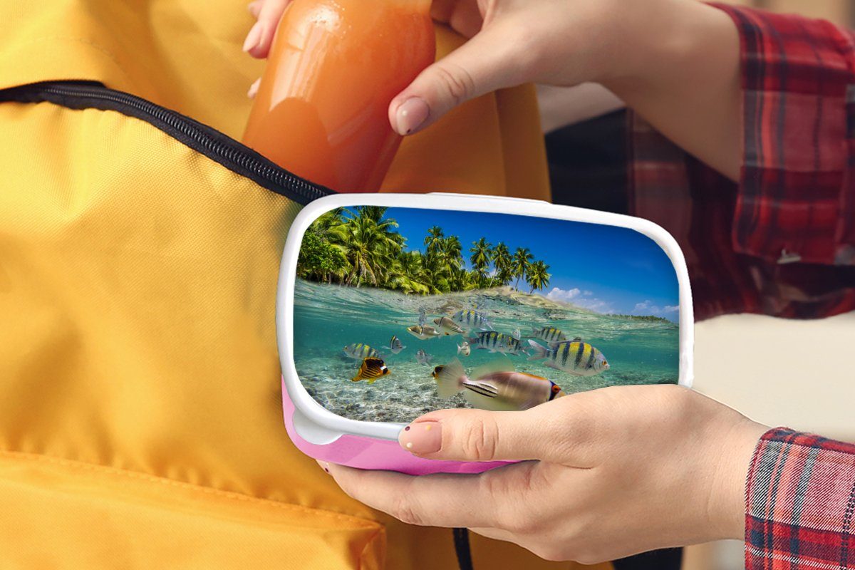 Kunststoff, für Lunchbox Erwachsene, MuchoWow Angeln Brotdose Mädchen, Brotbox - rosa (2-tlg), Kunststoff Kinder, Snackbox, Tropisch, - Strand