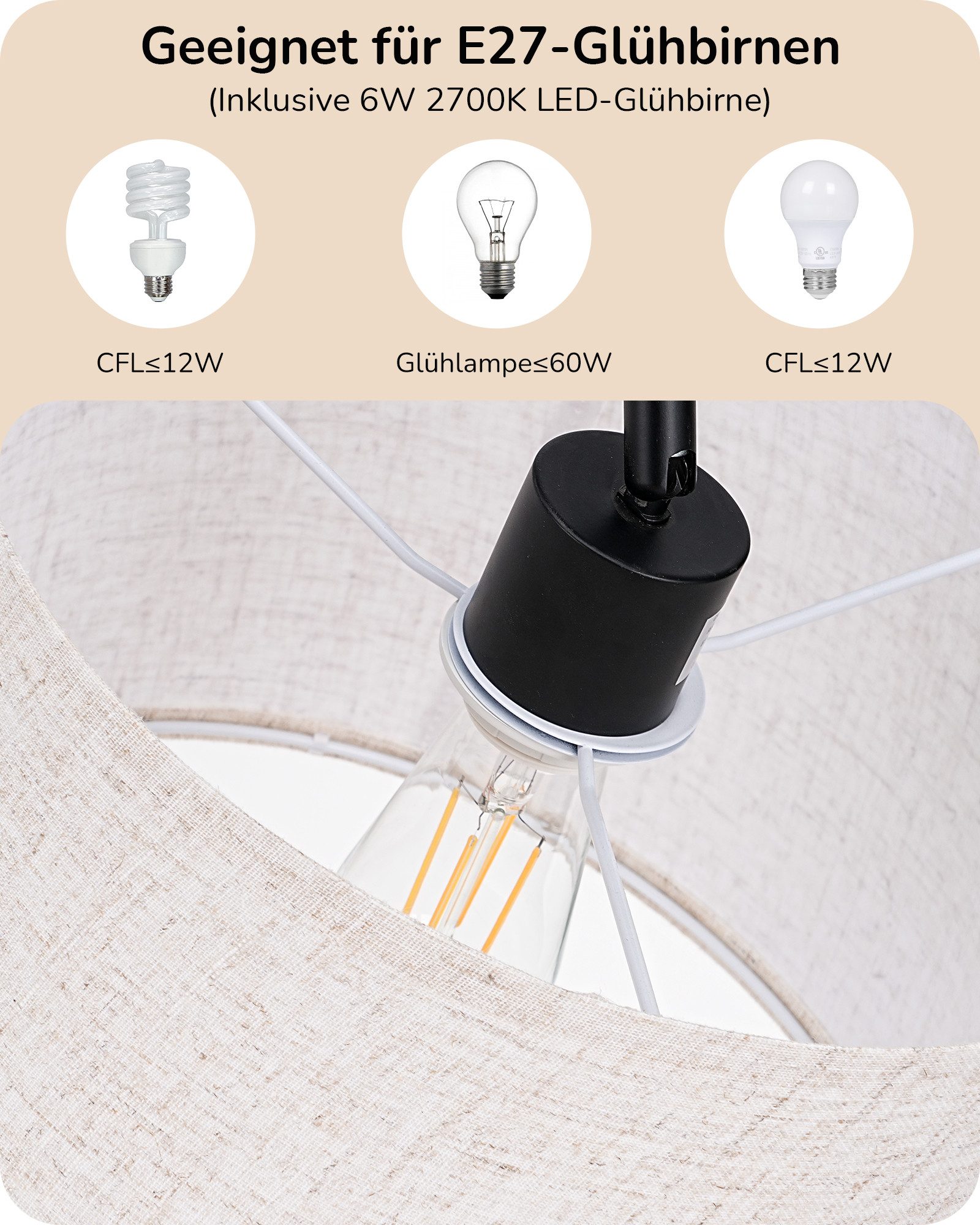 EDISHINE Stehlampe Wohnzimmer 160cm, Lampenschirm verstellbar, LED wechselbar, warmweiß, mit Lampenschirm aus Leinen