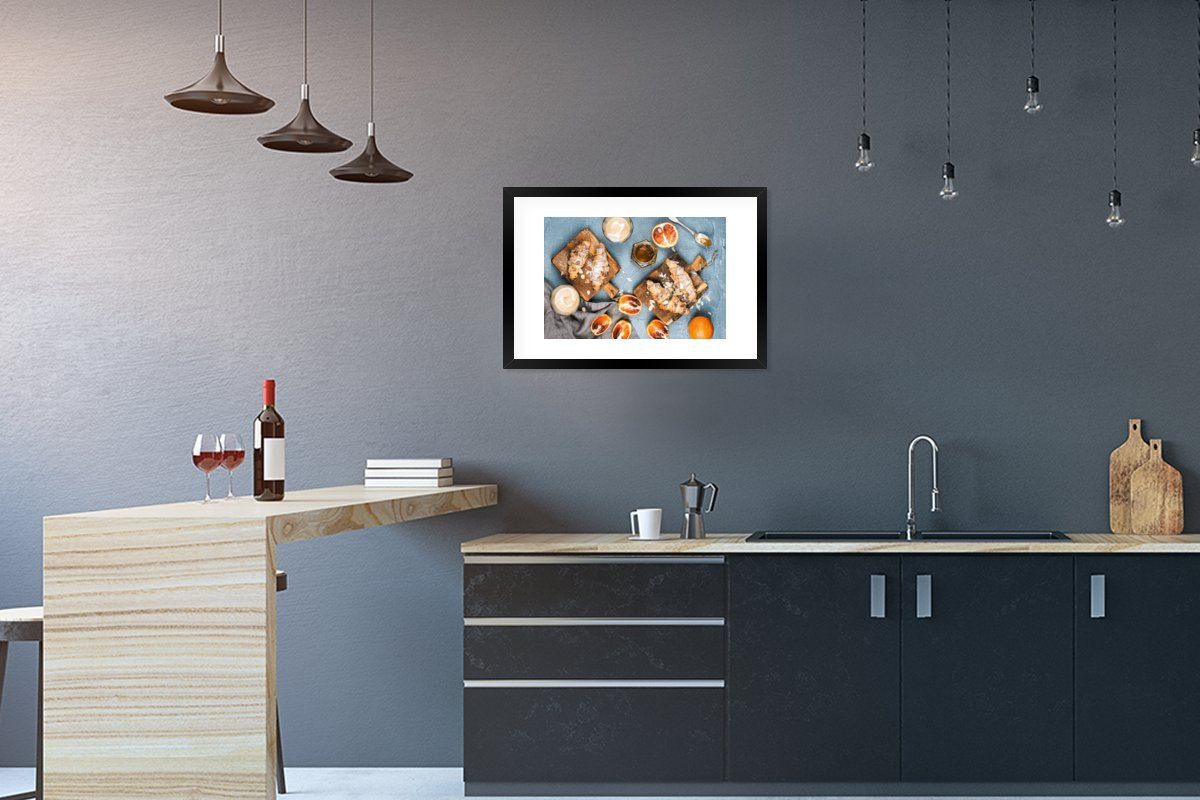 MuchoWow Poster Croissant - Obst - Frühstück, (1 St), mit Rahmen, Kunstdruck, Gerahmtes Poster, Schwarzem Bilderrahmen