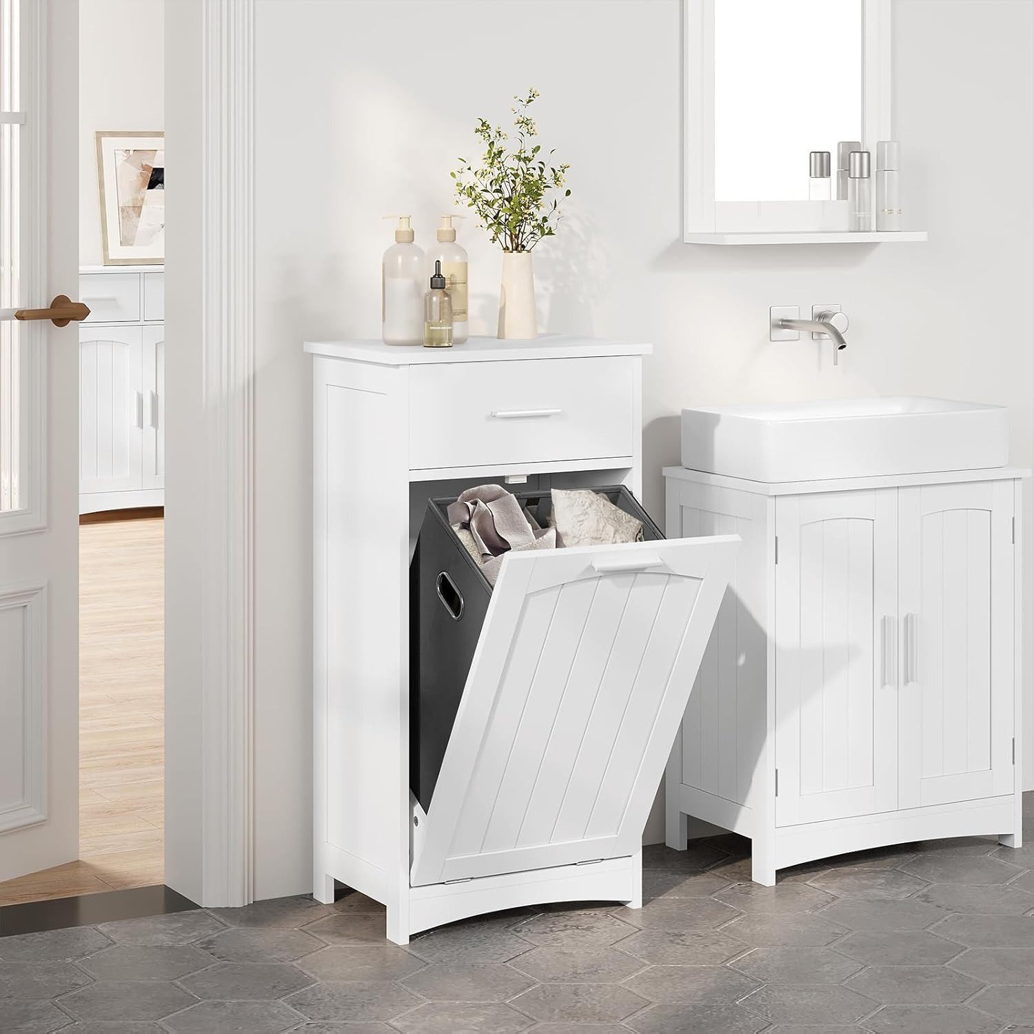 EUGAD Badkommode (1 St), Badezimmerschrank mit ausklappbarem Wäschekorb,2 Fächern