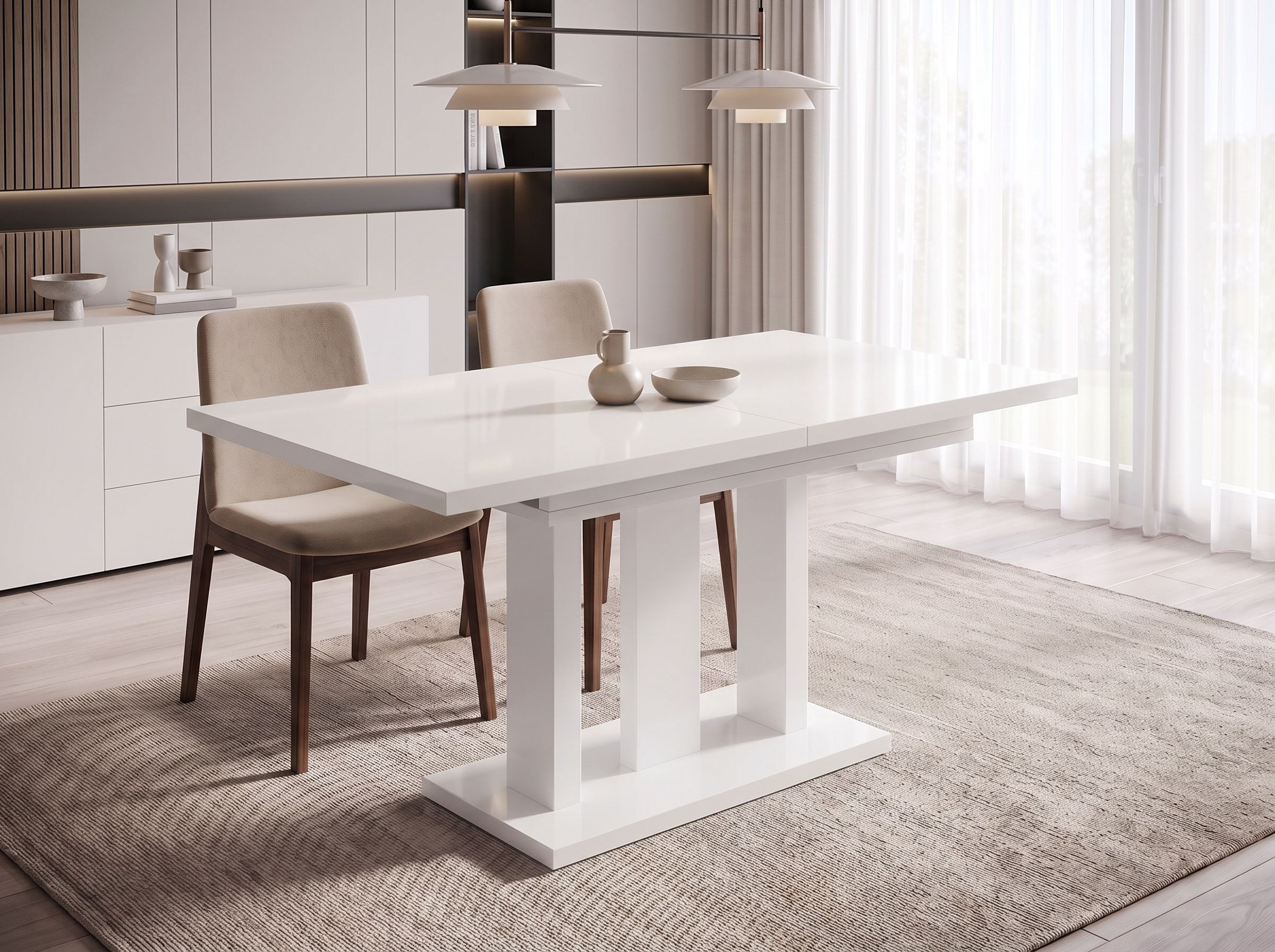 Endo-Moebel Säulen-Esstisch "Appia White" 130-210cm ausziehbar, erweiterbar, modern (1 Tisch), 2 Erweiterungsplatten, für 4, 6 oder 8 Personen, weiße Beine
