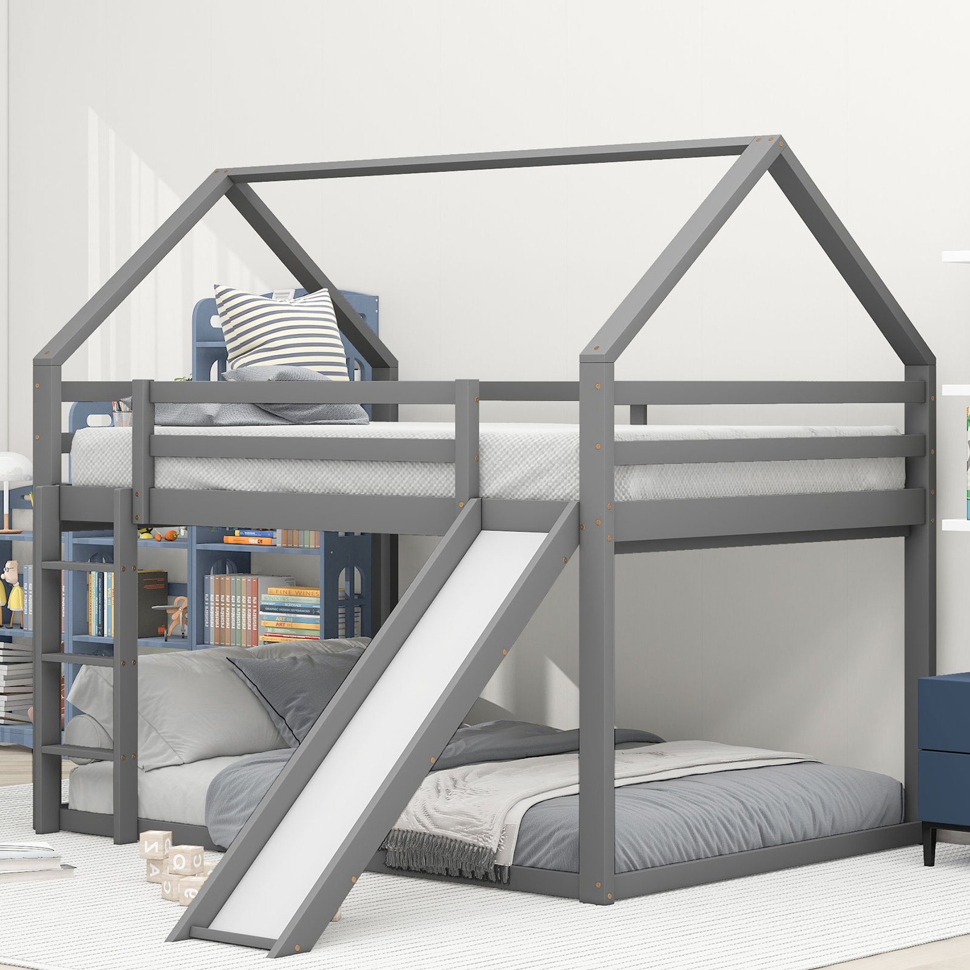 Etagenbett (inklusive Lattenrost, Rutsche, Leiter und Fallschutz), Hausbett Kinderbett mit 2 Schlafgelegenheiten, 140x200cm, Kiefer