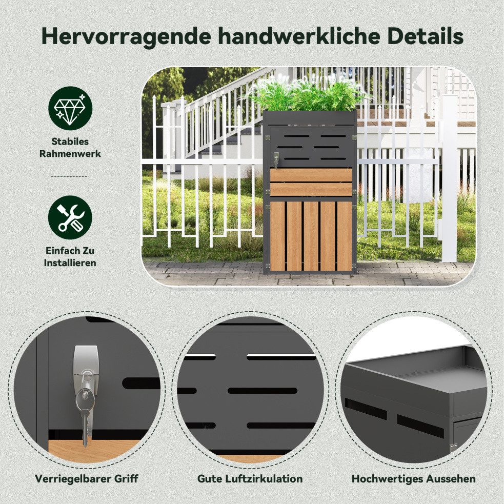 MODFU Geräteschrank Garten-Aufbewahrungsschrank mit Pflanzkasten integriert (Garten-Geräteschrank, stabilem verzinktem Stahlrahmen, Belüftungslamellen und abschließbaren Doppeltüren mit Sicherungskette, 1-St., Outdoor-Box für Lagerung & Dekoration (ohne Mülleimer)