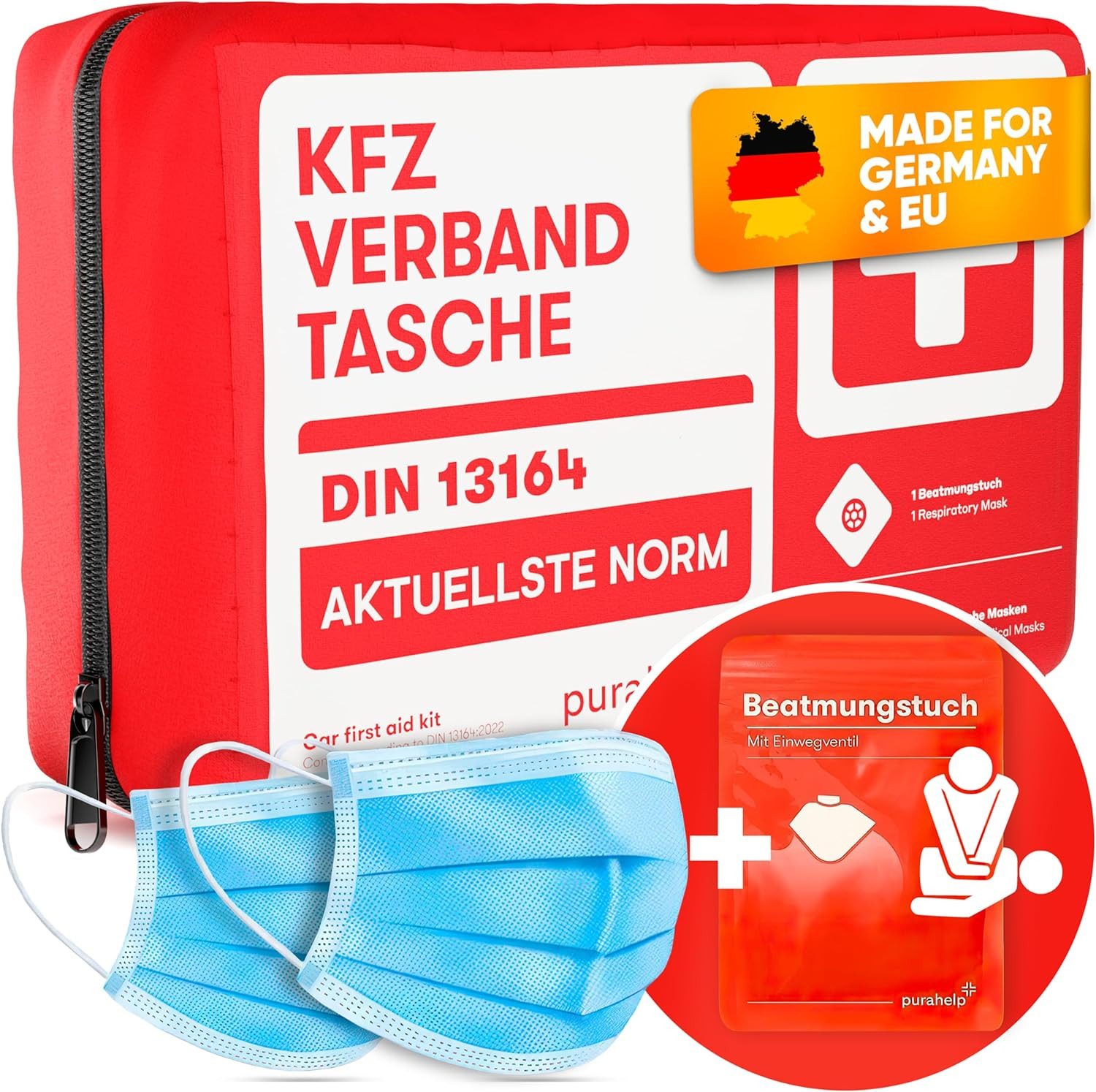 Purahelp KFZ-Verbandkasten nach aktueller Norm 2025 DIN 13164 (StVO konform), (nkl. Beatmungstuch -, 44 St), Erste Hilfe Set Auto Verbandskasten Auto 2025