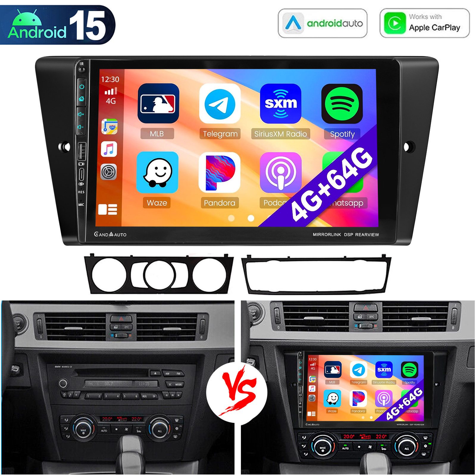 ESSGOO Für BMW 3ER E90 E91 E92 E93 Carplay RDS Android 15 Autoradio GPS Navi Autoradio (RDS, 4+64GB(optional), DAB (optional), FM, AM, DAB+ (optional), Carplay Android Auto Bluetooth EQ USB GPS Navi WIFI Touchscreen)